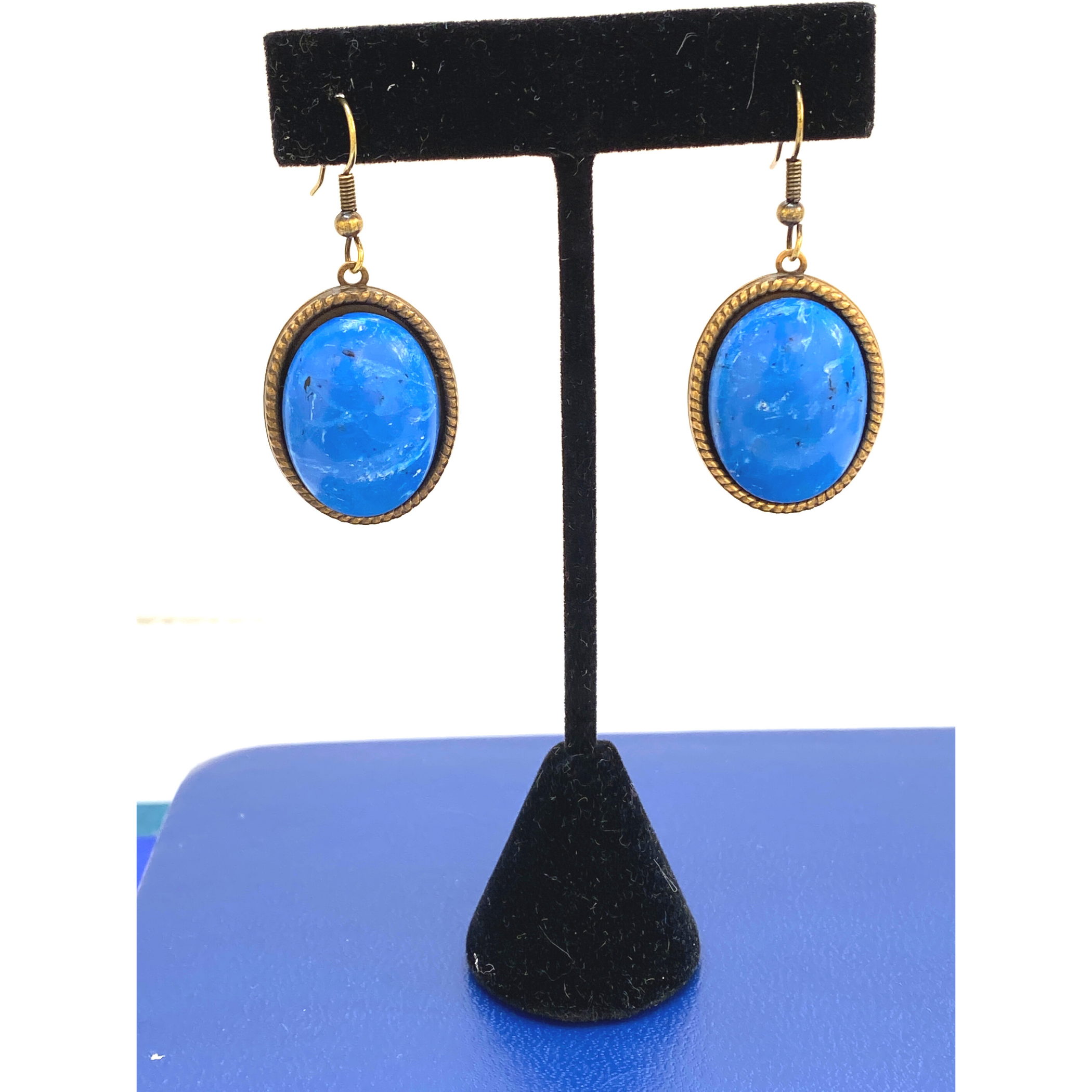 Earring, Classic Blue, Oval Cabochon, Antique Gold French Ear Wire, Handmade in USA