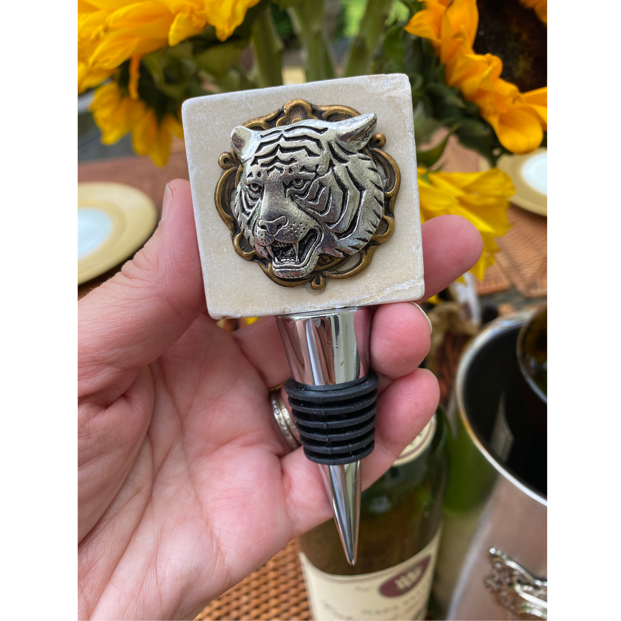 Silver Tiger Head  Marble  Bottle Stopper | Gift for Tiger Football Fan