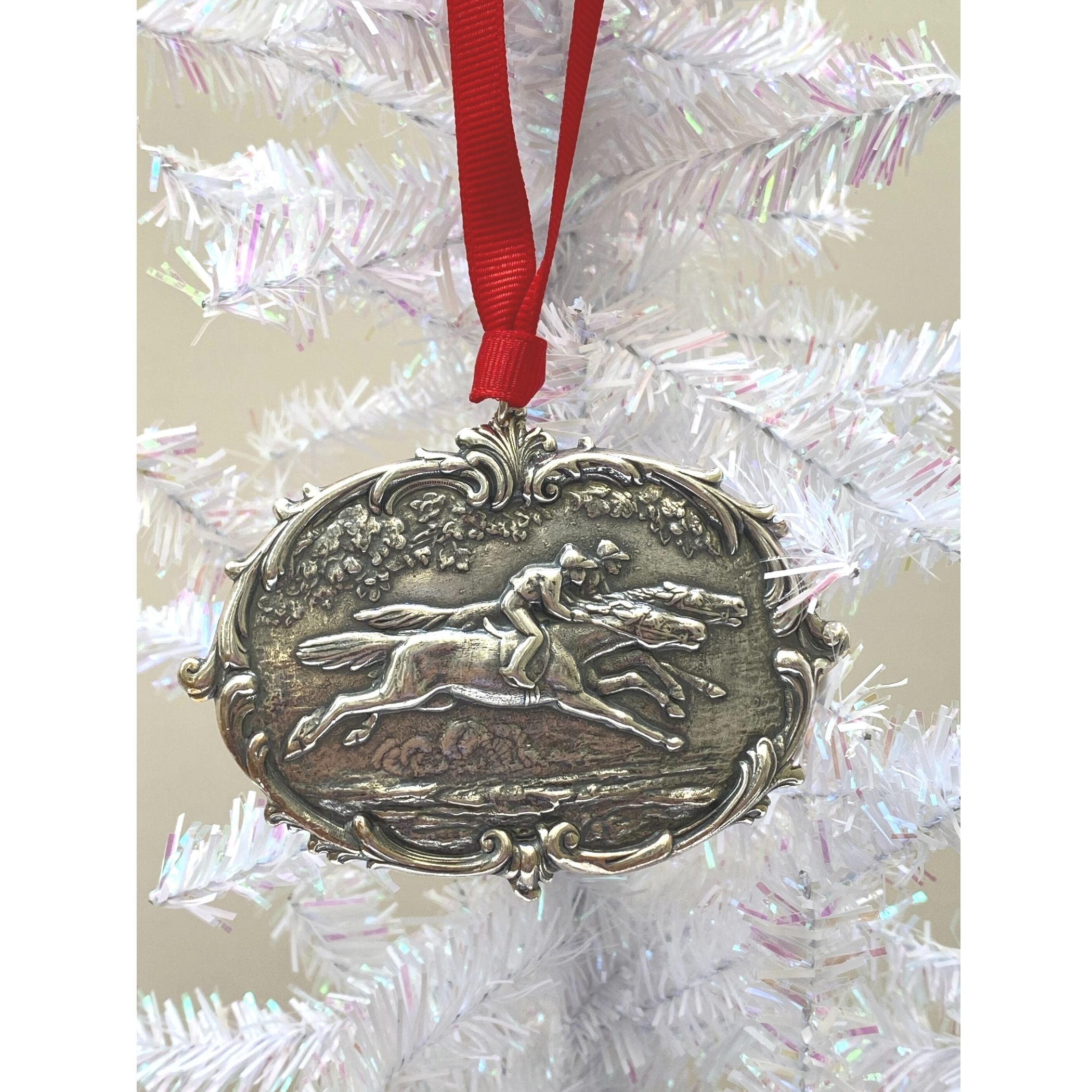 Racehorse Christmas Ornament, Silver Racehorse Medallion, Gift for Horserace Fan