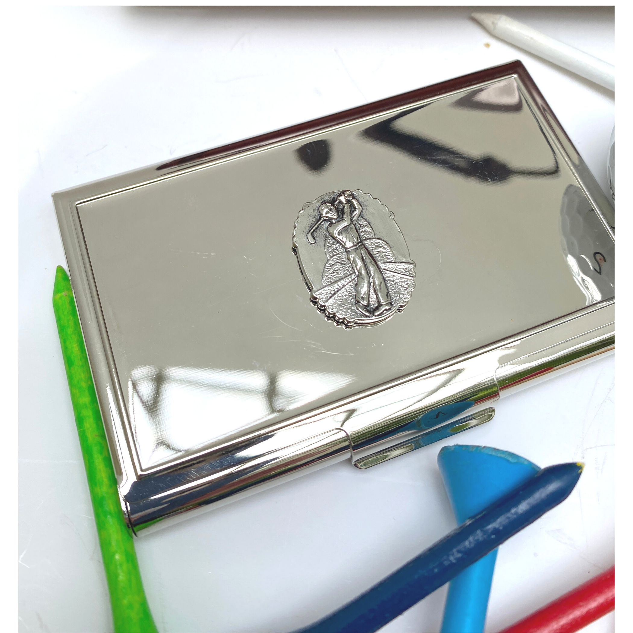 Business Card Holder, Silver Golf Medallion