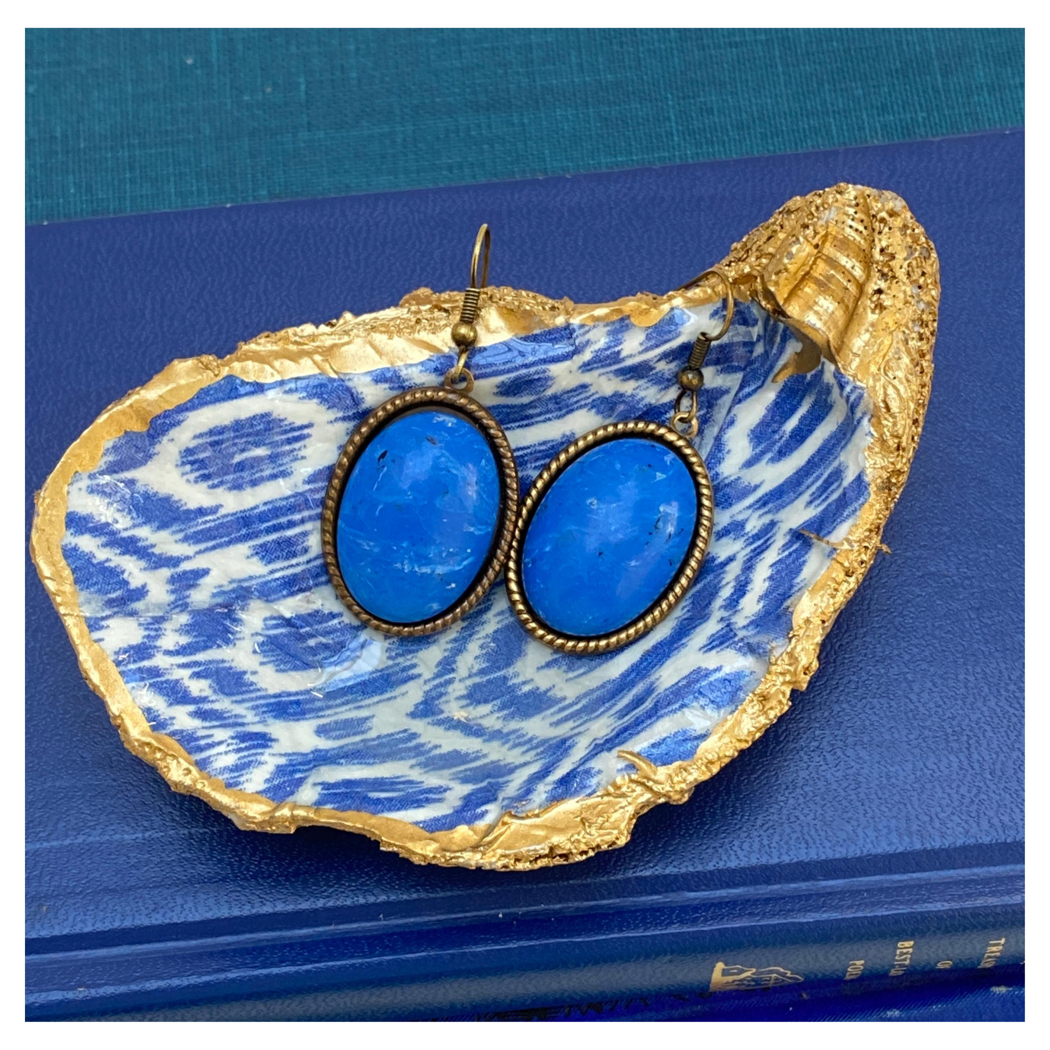 Earring, Classic Blue, Oval Cabochon, Antique Gold French Ear Wire, Handmade in USA