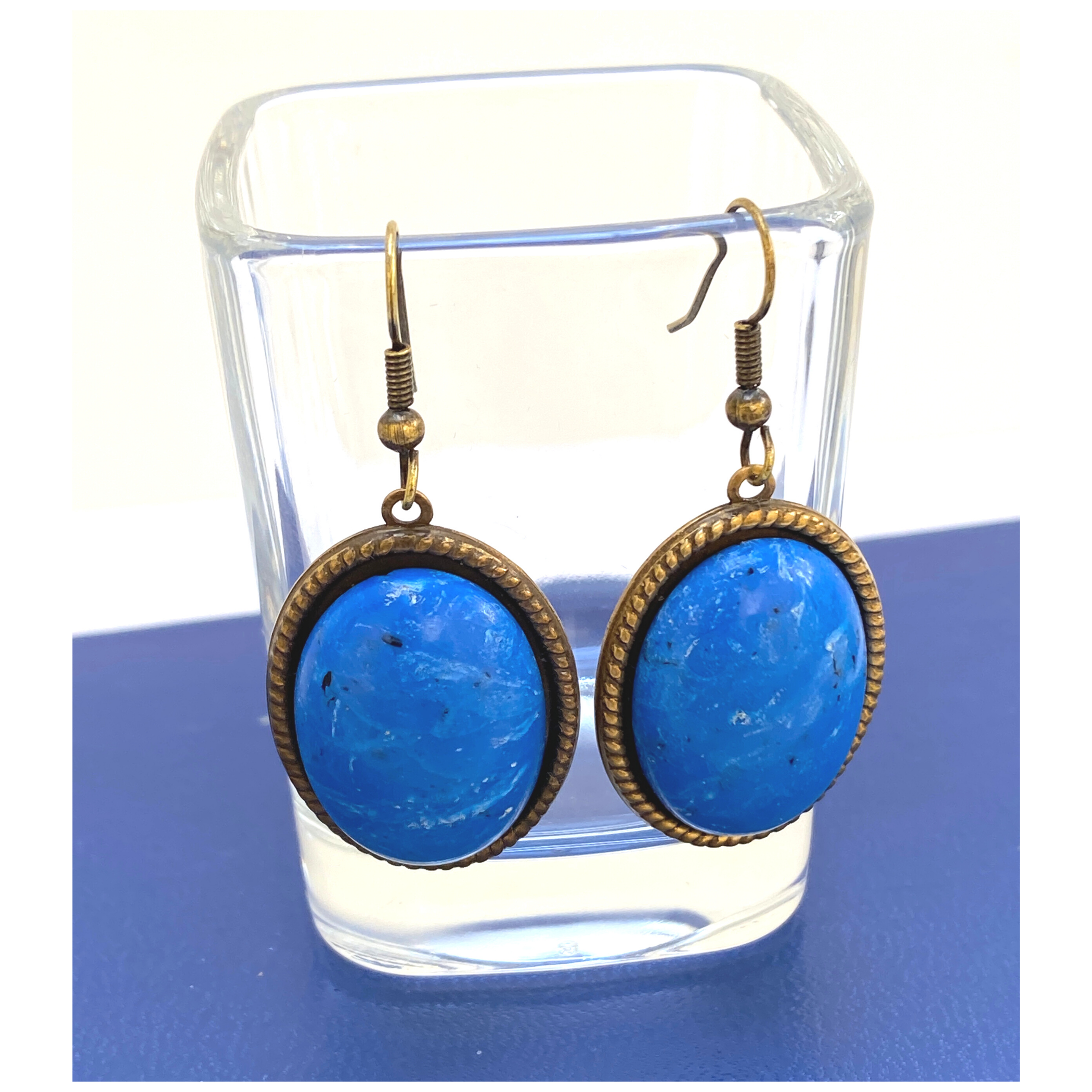 Earring, Classic Blue, Oval Cabochon, Antique Gold French Ear Wire, Handmade in USA