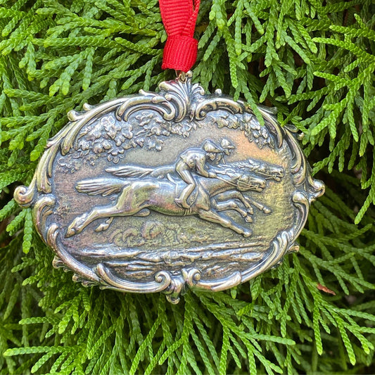 Racehorse Christmas Ornament, Silver Racehorse Medallion, Gift for Horserace Fan