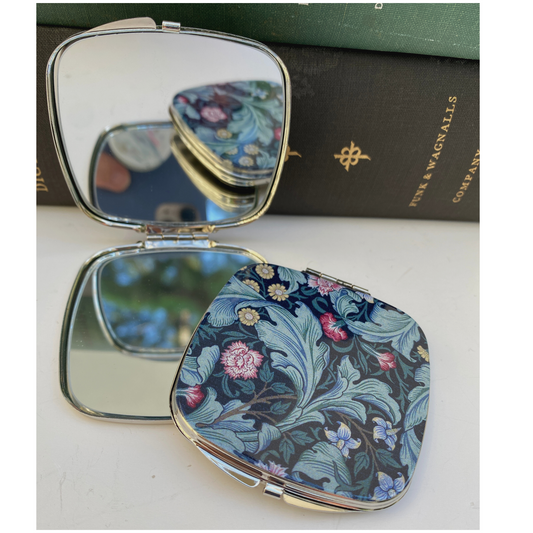 Purse Mirror with William Morris Art Black Background, green leaves, colorful flowers