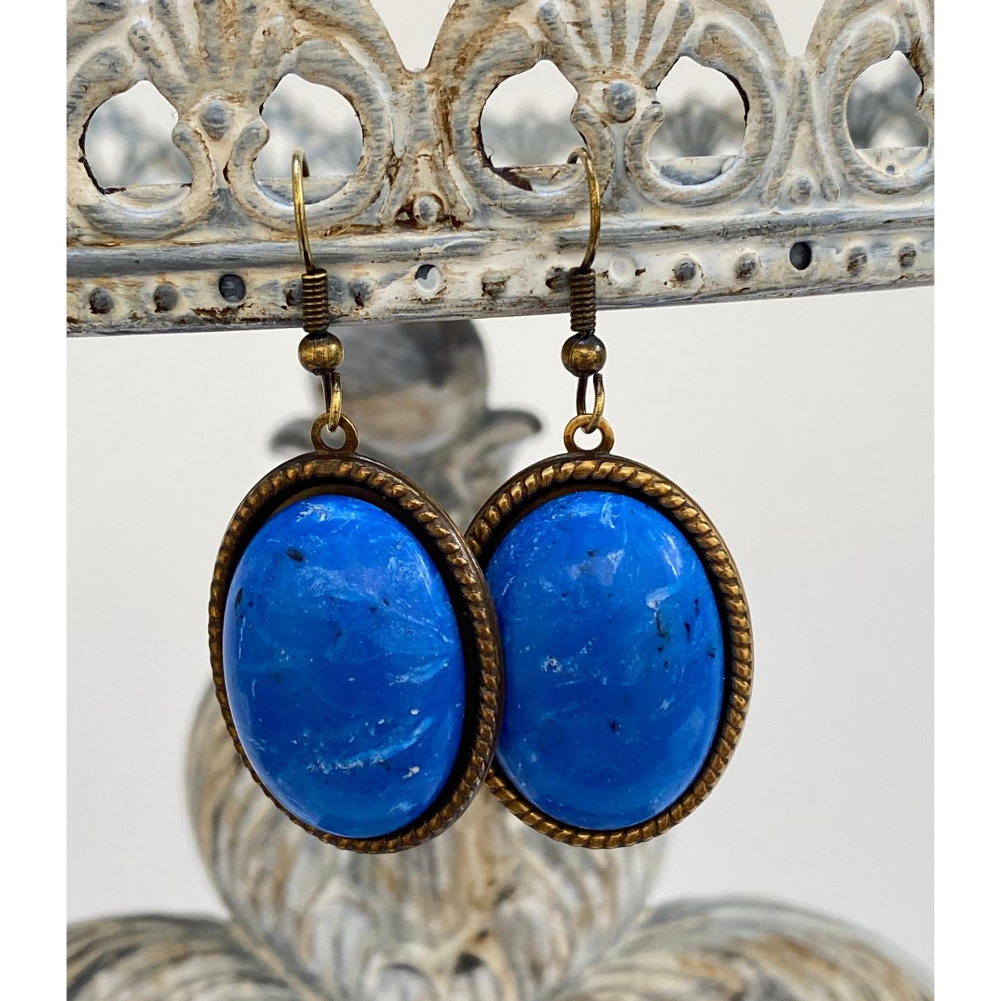 Earring, Classic Blue, Oval Cabochon, Antique Gold French Ear Wire, Handmade in USA
