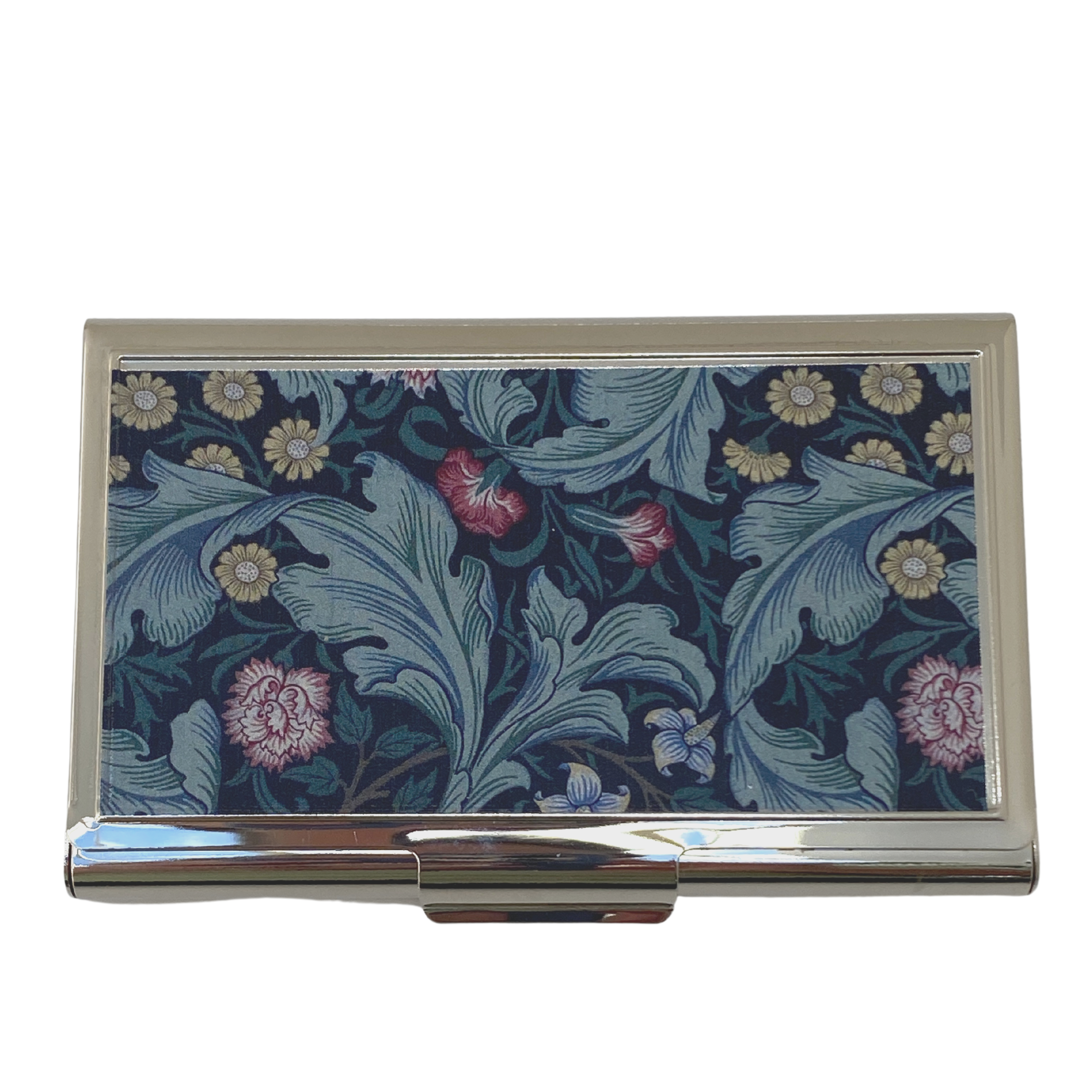 Business Card Holder, William Morris Art, Black Background, Green Leaves, Colorful Flowers