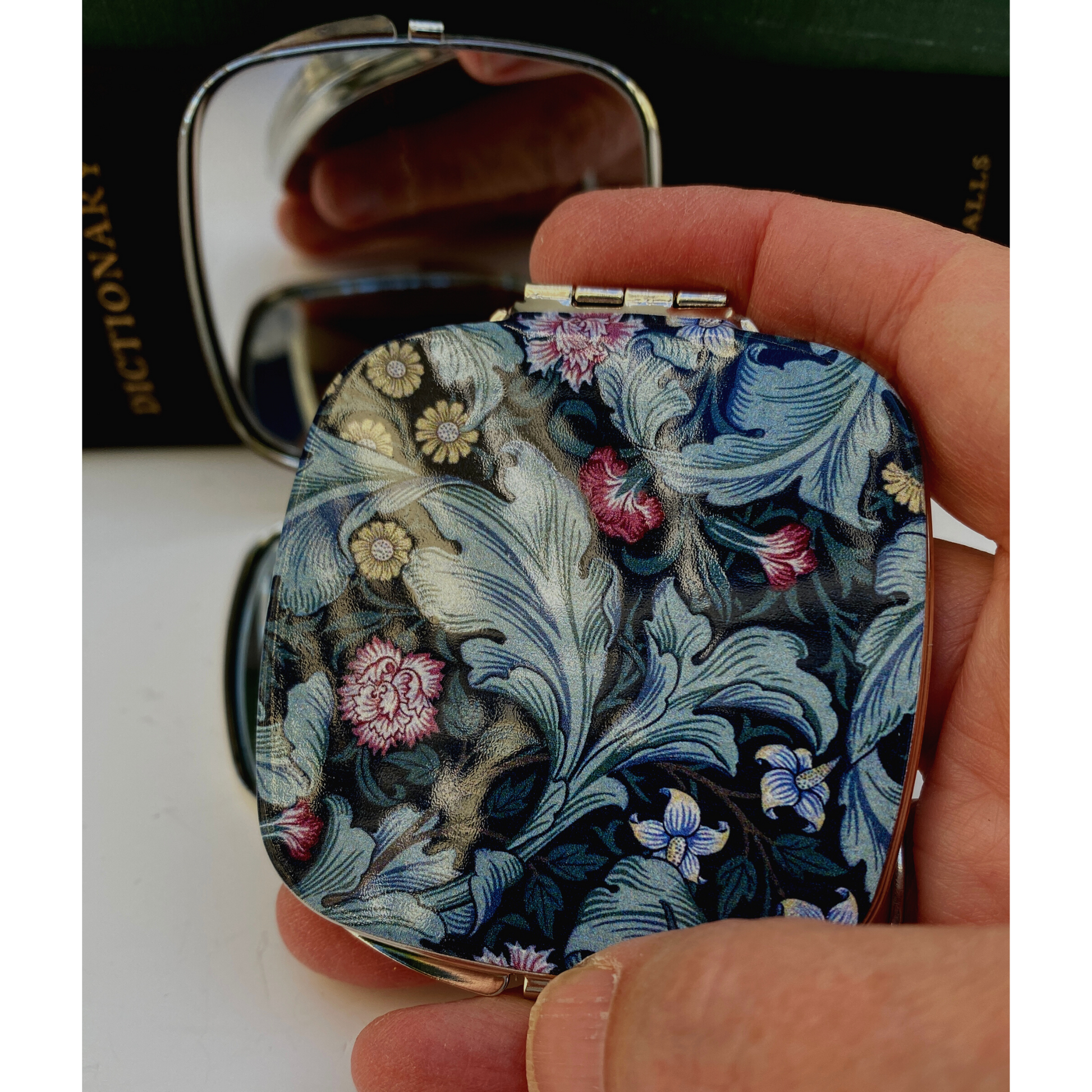 Purse Mirror William Morris Art, Black Background, Green leaves, colorful flowers