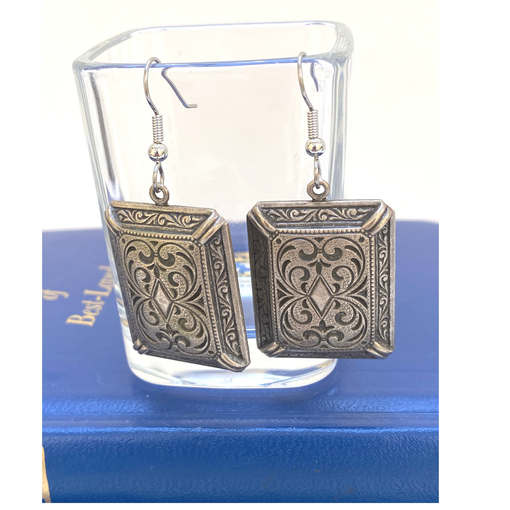 Earrings,  Vintage Antique Silver, Edwardian Style, Vintage Rectangle Earrings, Handmade in USA