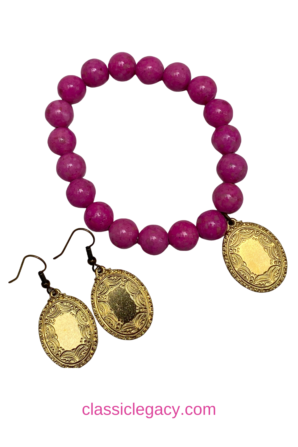 Pink Beaded Bracelet, Vintage Gold Oval Charm