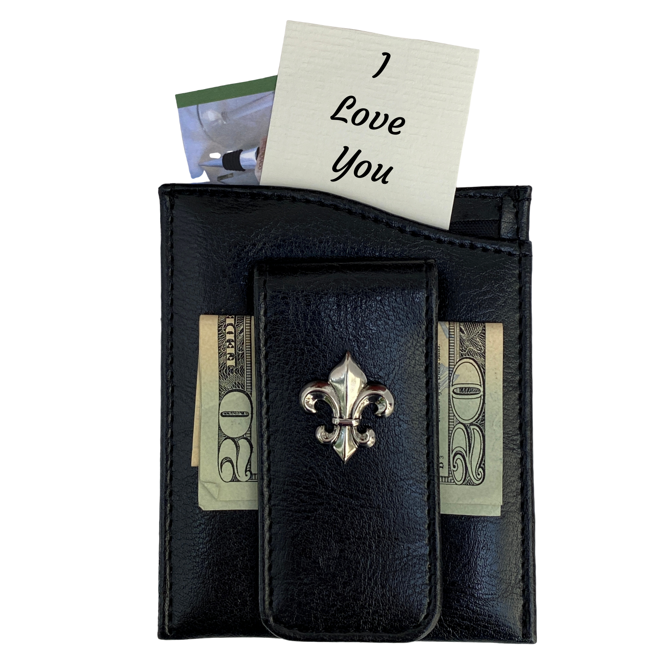 Money Clip Black Faux Leather Silver Fleur de Lis