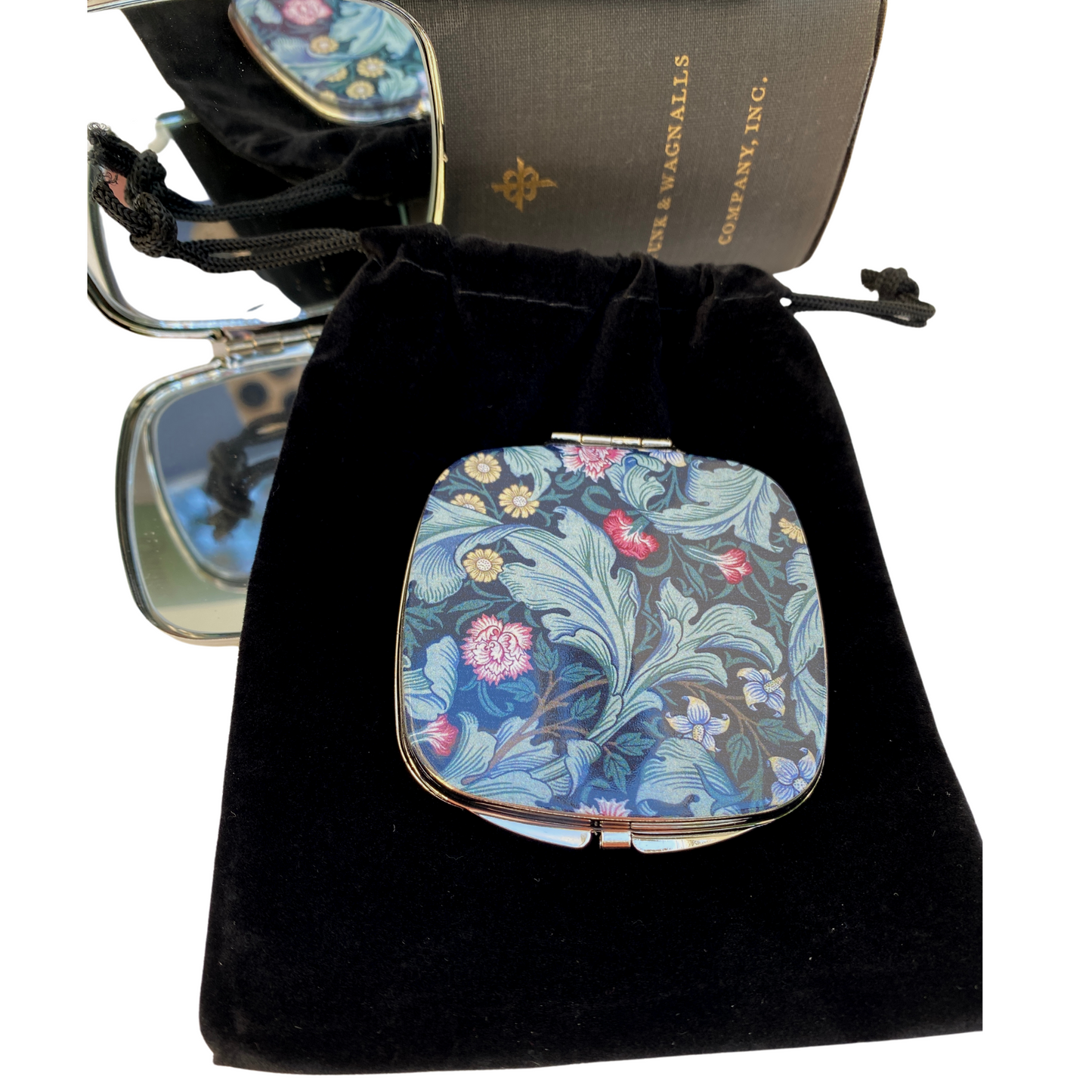 Purse Mirror William Morris Art, Black Background, Green leaves, Colorful Flowers