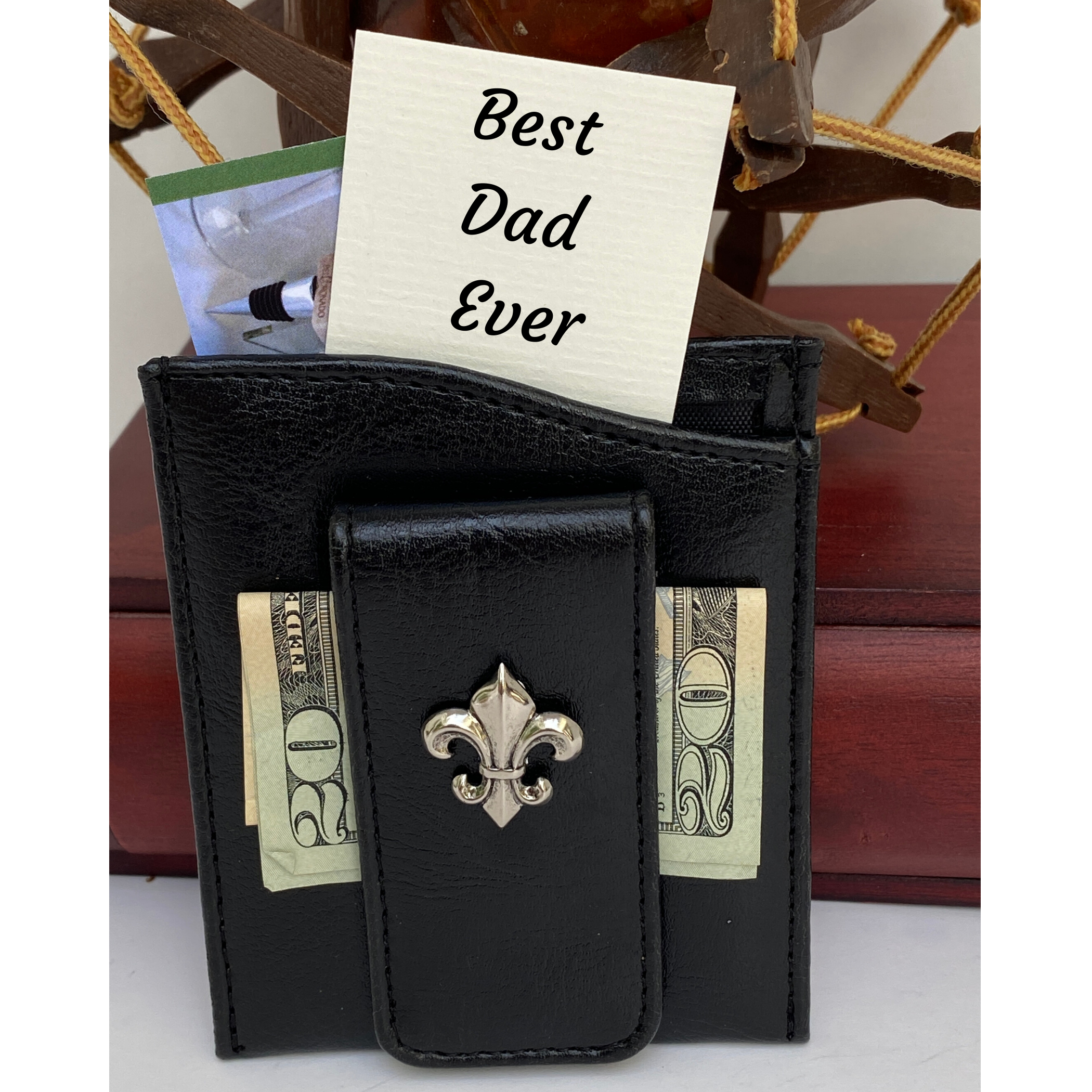 Money Clip Black Faux Leather Silver Fleur de Lis