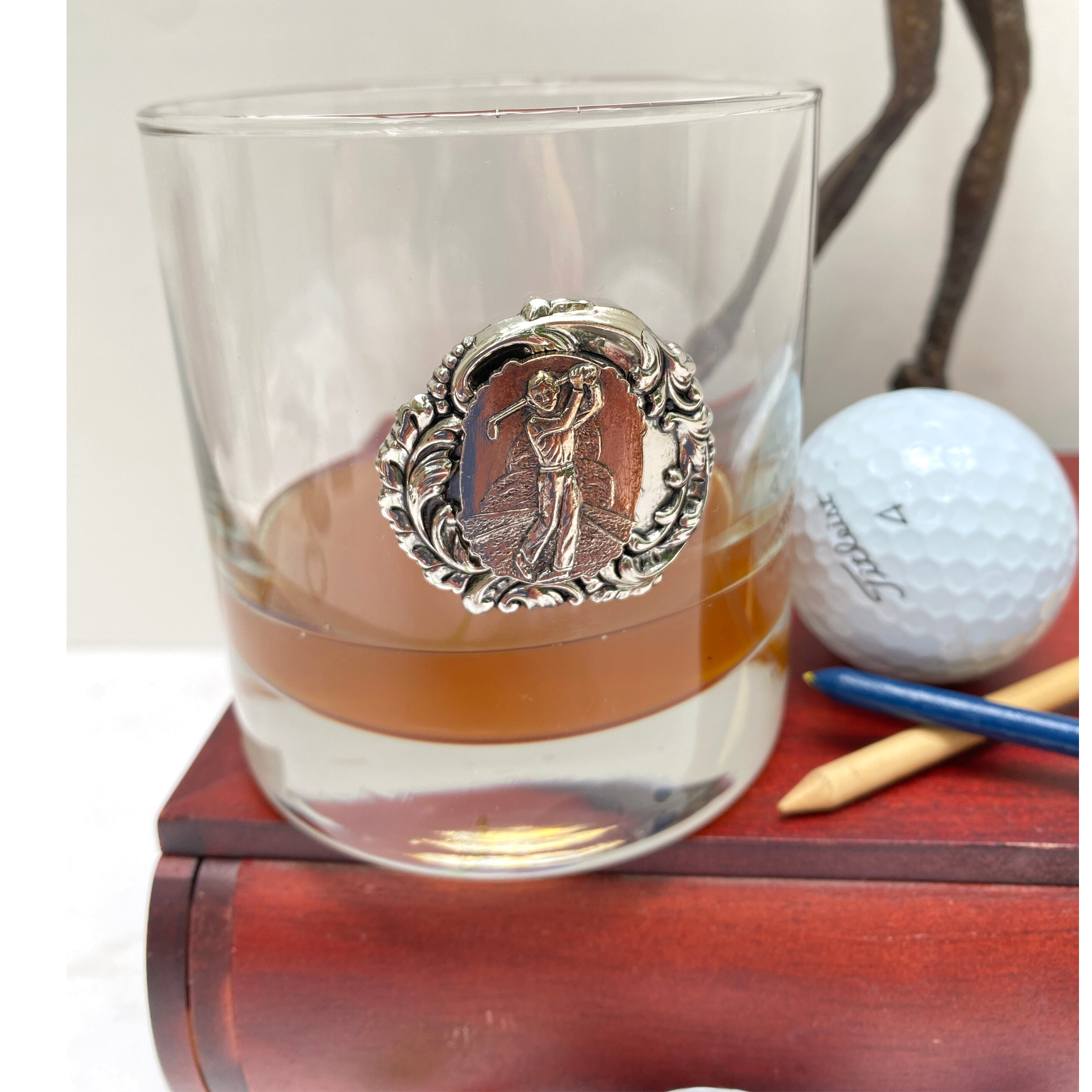 Bourbon Glass, Double Old Fashion, Silver Golf Medallion