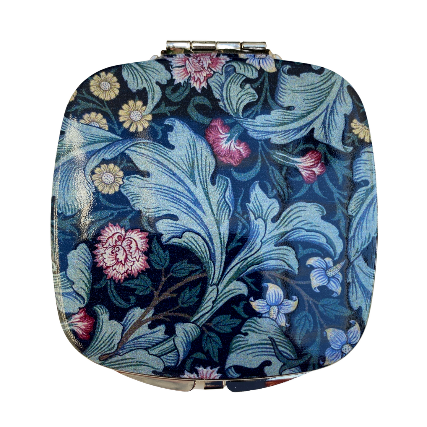 Purse Mirror William Morris Art, Black Background, Green Leaves, Colorful Flowers