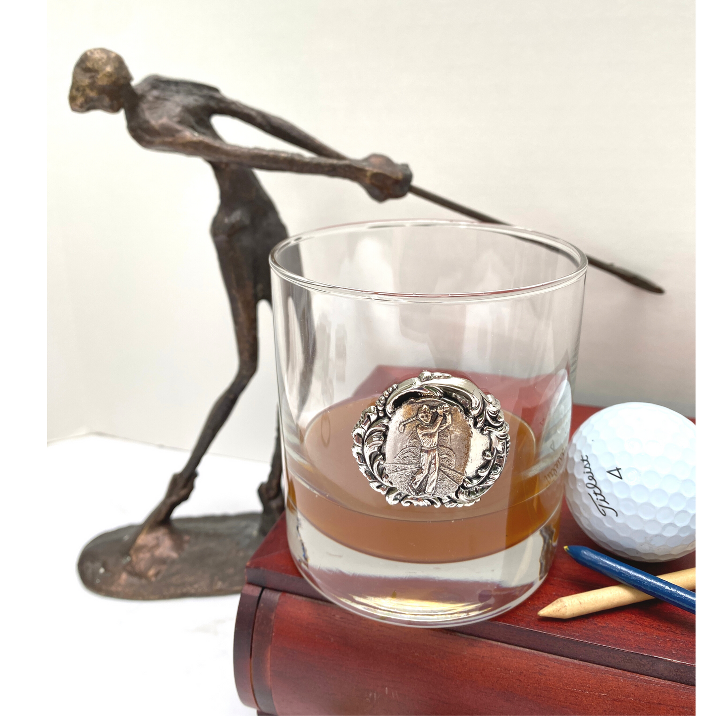 Bourbon Glass, Double Old Fashion, Silver Golf Medallion