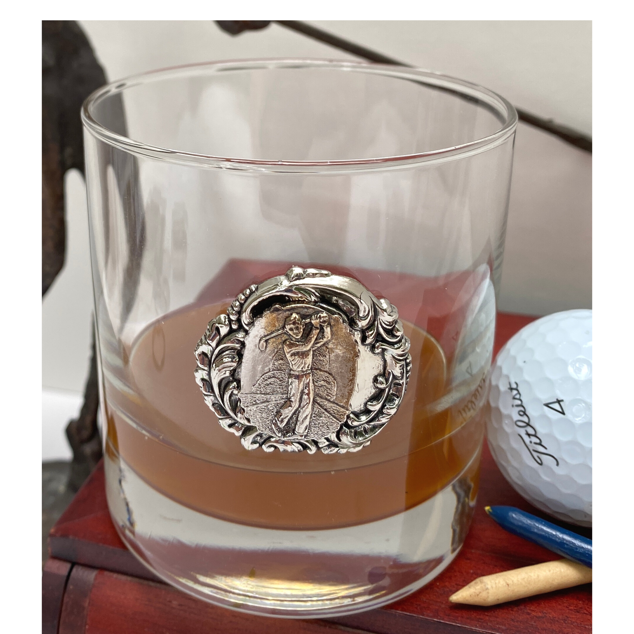 Bourbon Glass, Double Old Fashion, Silver Golf Medallion