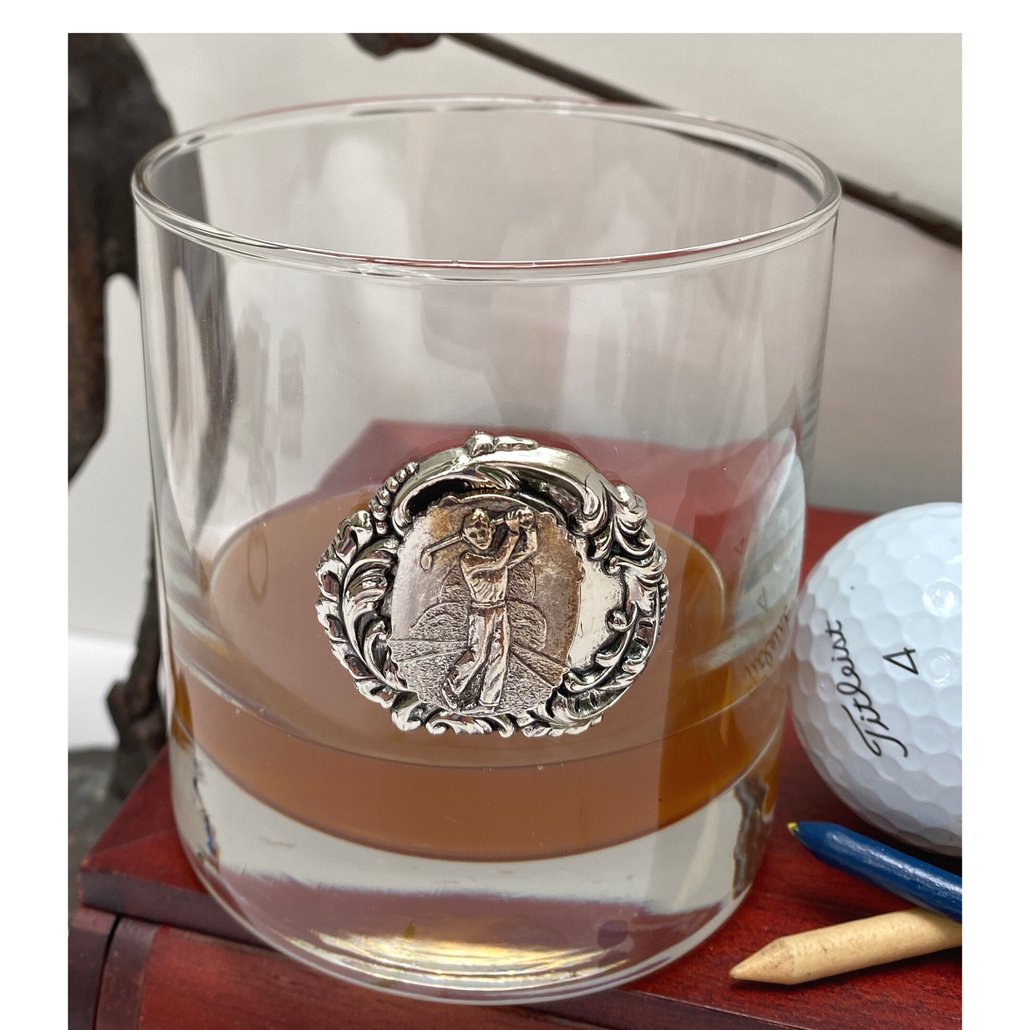 Bourbon Glass, Double Old Fashion, Silver Golfer Medallion