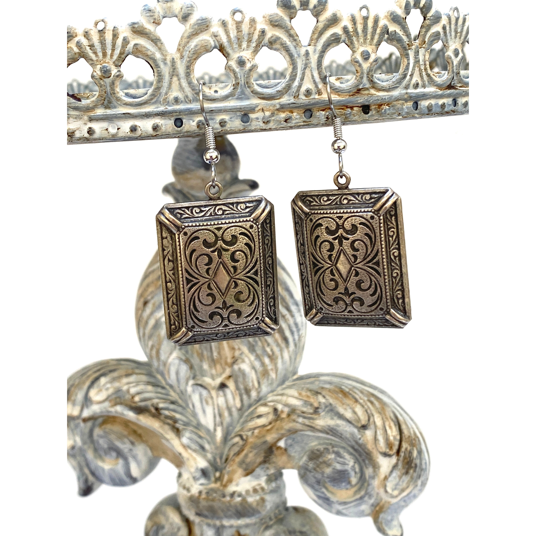 Earrings,  Vintage Antique Silver, Edwardian Style, Vintage Rectangle Earrings, Handmade in USA