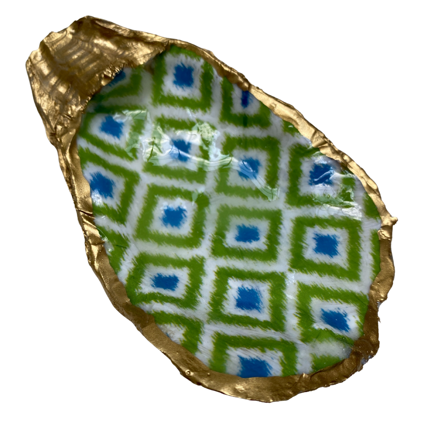 Oyster Shell Art, Green Ikat, Handmade