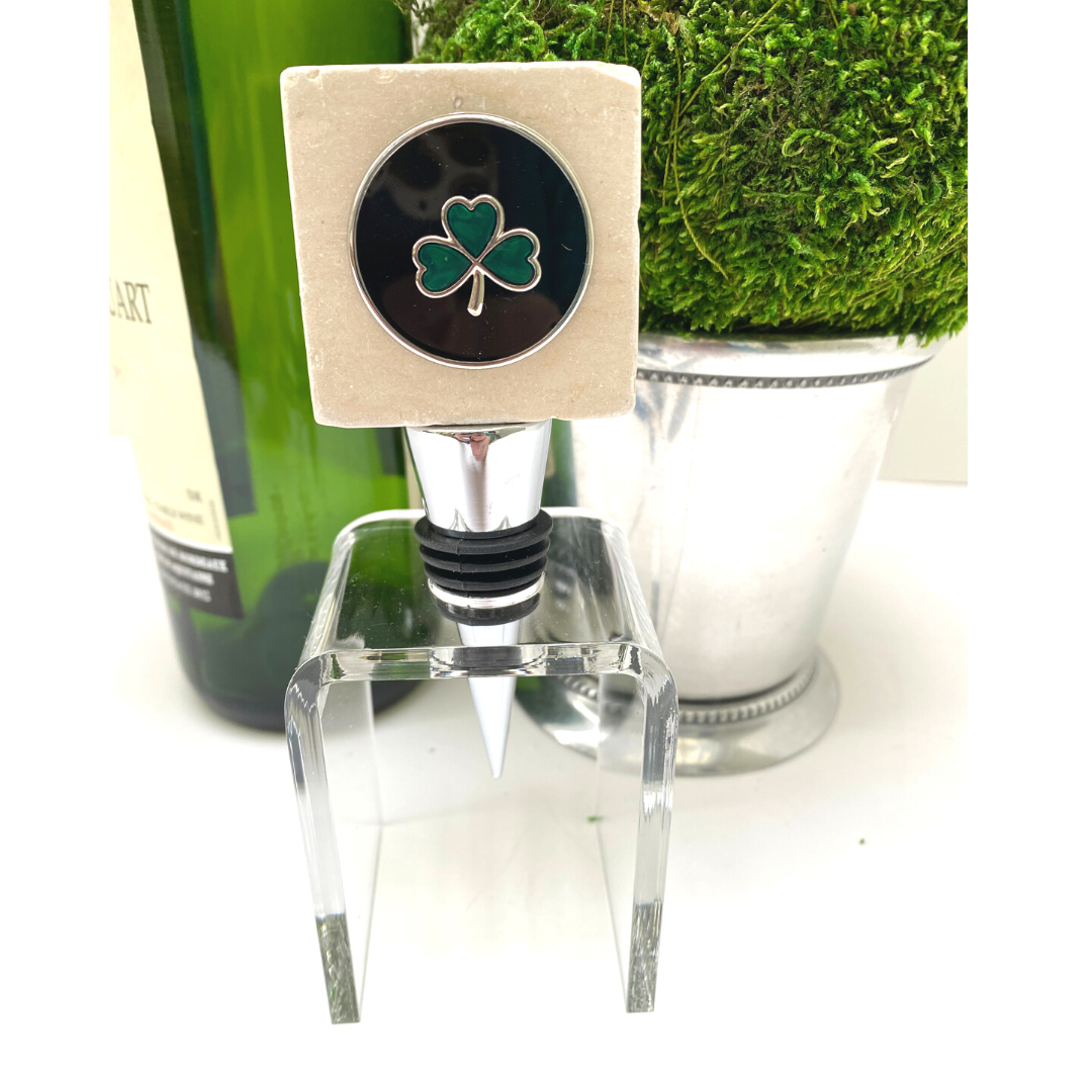 Irish Shamrock  Marble Top Wine Bottle stopper shown in a clear display