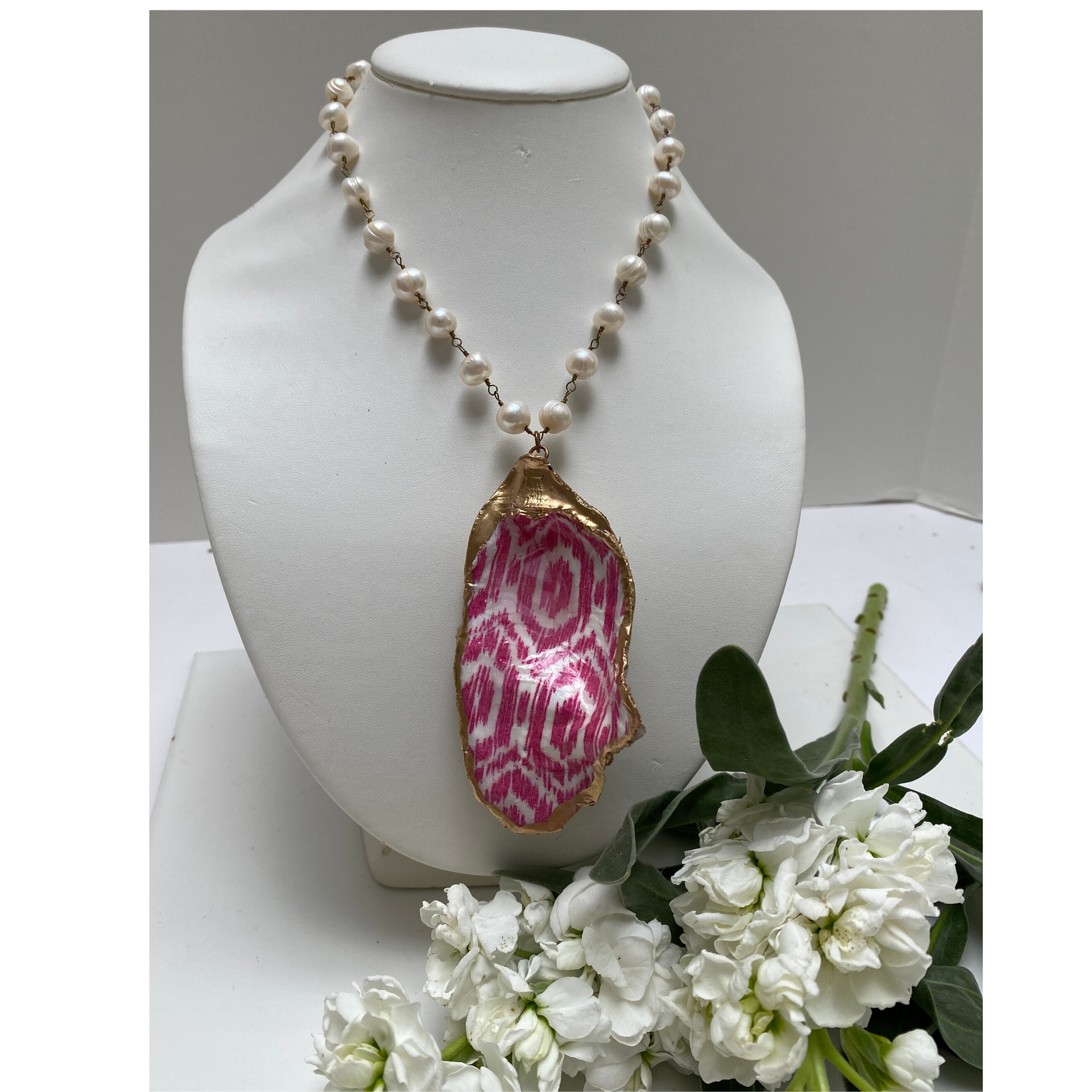 Oyster Shell Necklace, Pink ikat