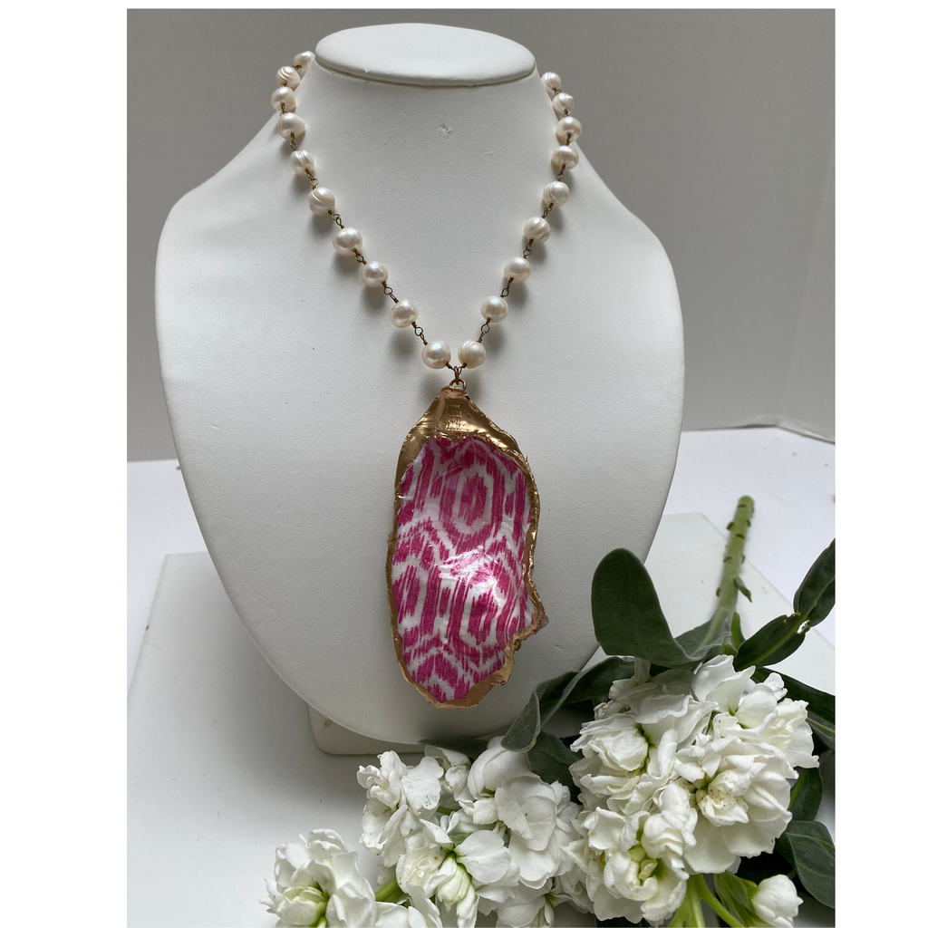 Pink Shell Necklace Real Oyster Shell and Faux Pearl Chain