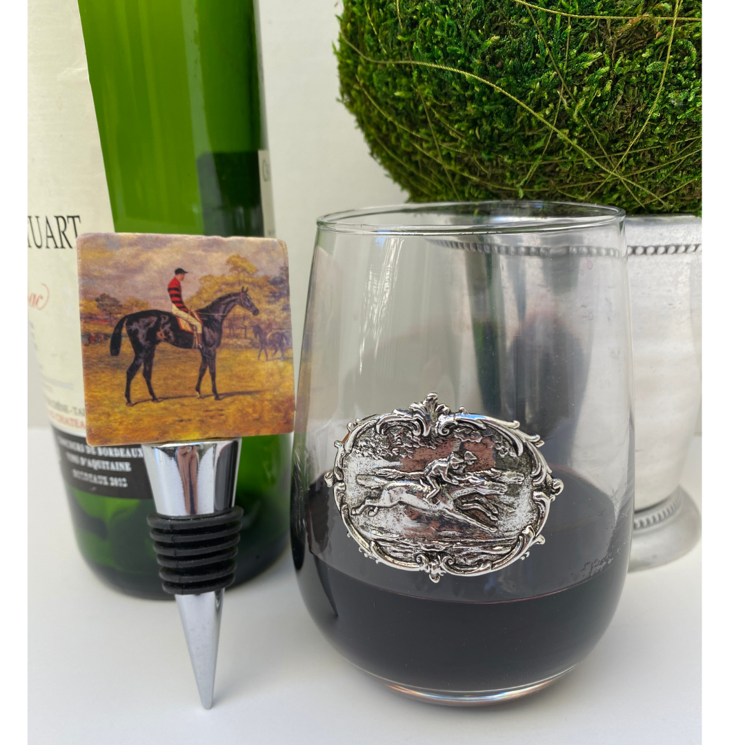 Horserace Theme Stemless Wine Glass | Silver Jockey & Race Horse