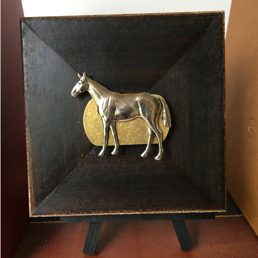 Wooden Art,  Small Wooden Square,  Antique Brass Silver Horse Standing Embellishment
