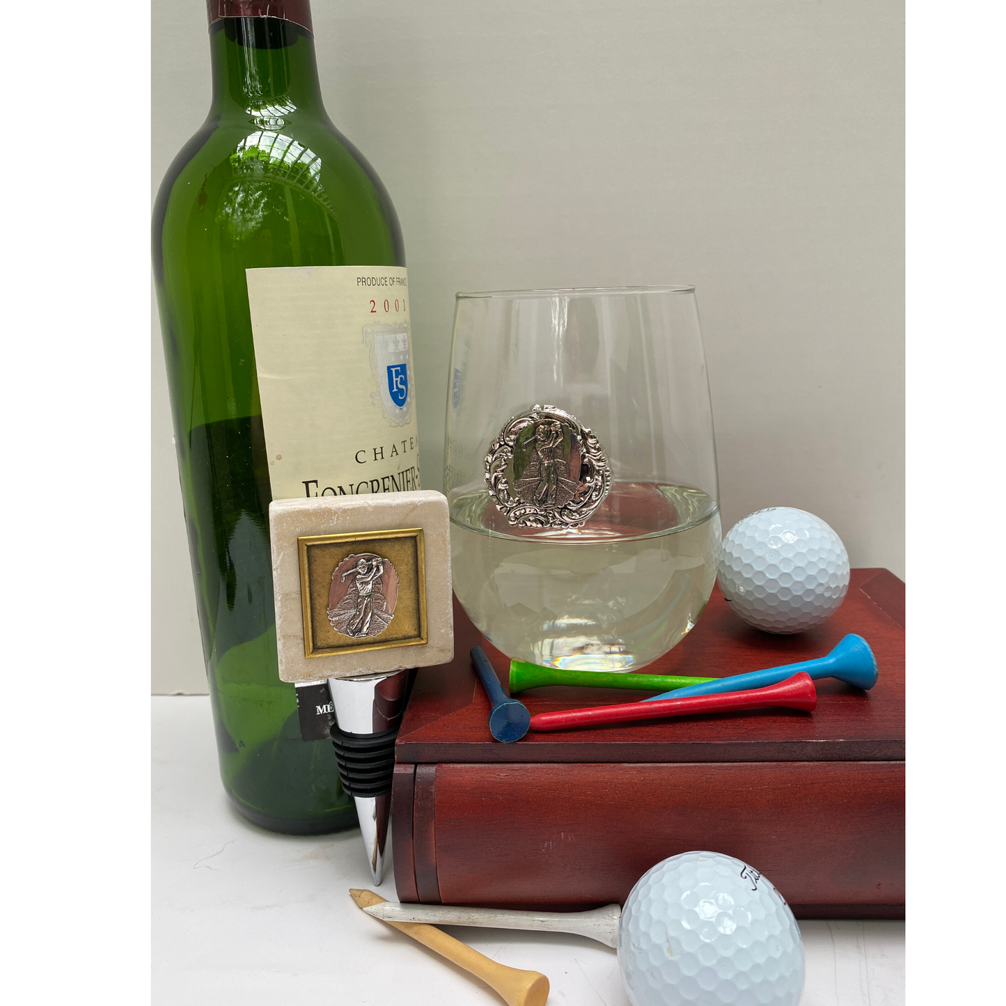 Bottle Stopper, Marble, Silver Golf Medallion, Gift for Golfer