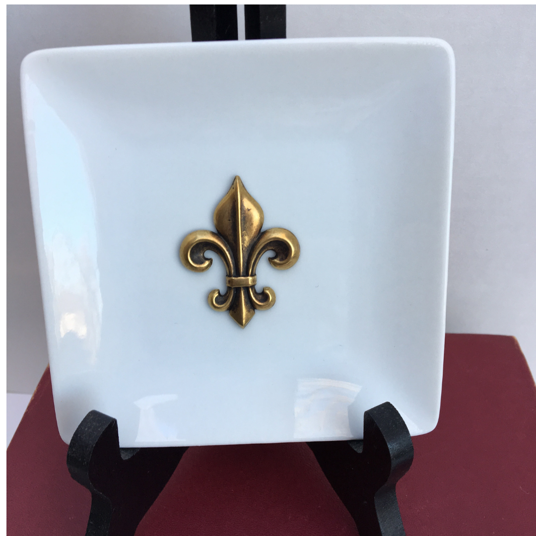Trinket Tray, Porcelain Dish,  Fleur de Lis Antique Gold