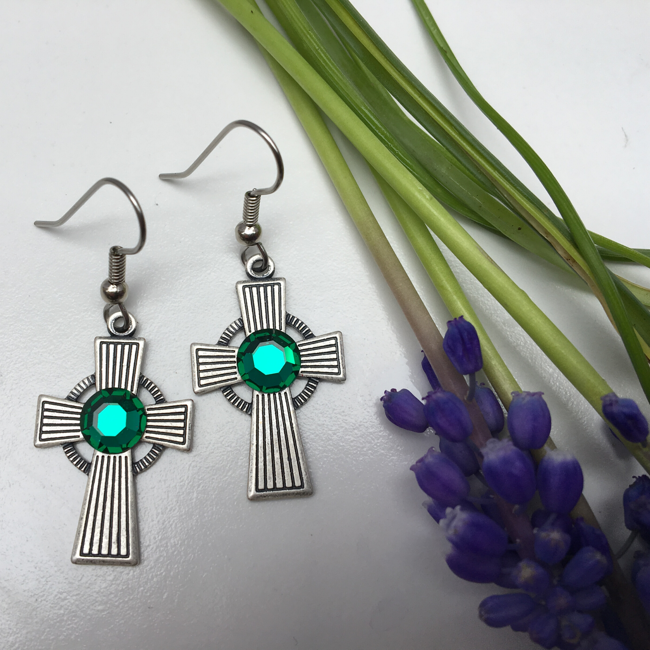 Earrings, Irish Celtic Cross,  Stripe Pattern, Silver Plate, Emerald Crystal, Handmade in USA