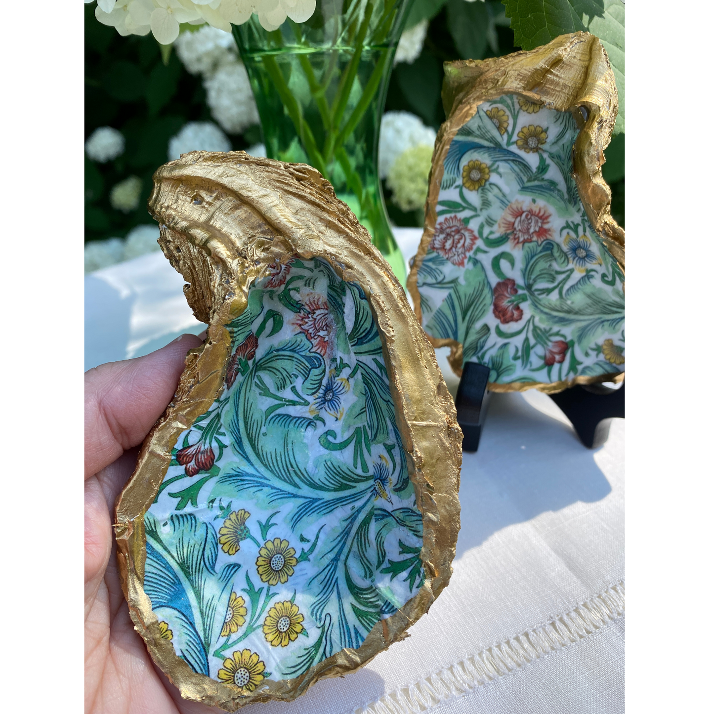 Oyster Shell Art, Vintage William Morris Green with Colorful Flowers, Handcrafted Home Decor