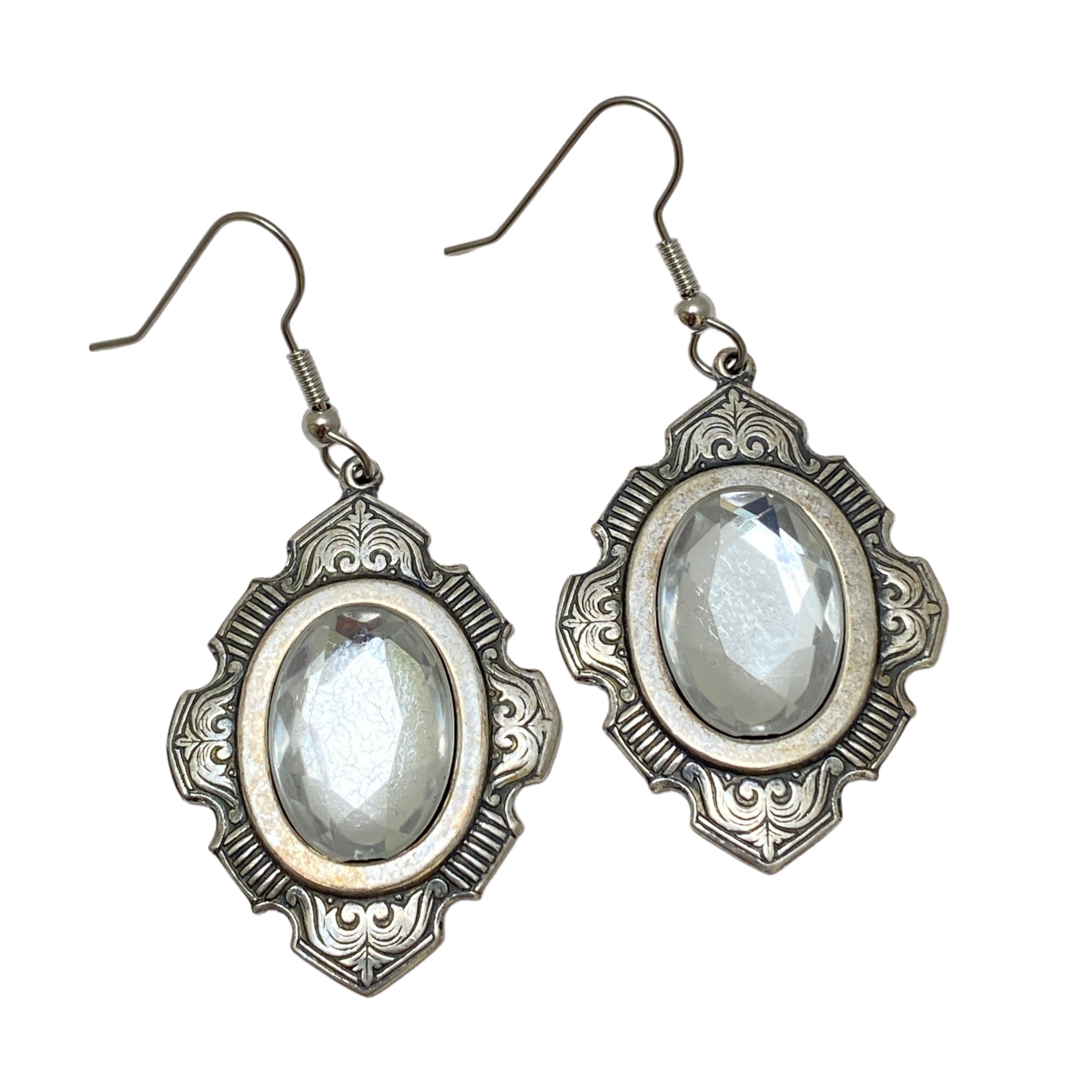 Earring, Vintage Antique Silver, Edwardian Clear Oval Cabochon, Diamond Shape Setting