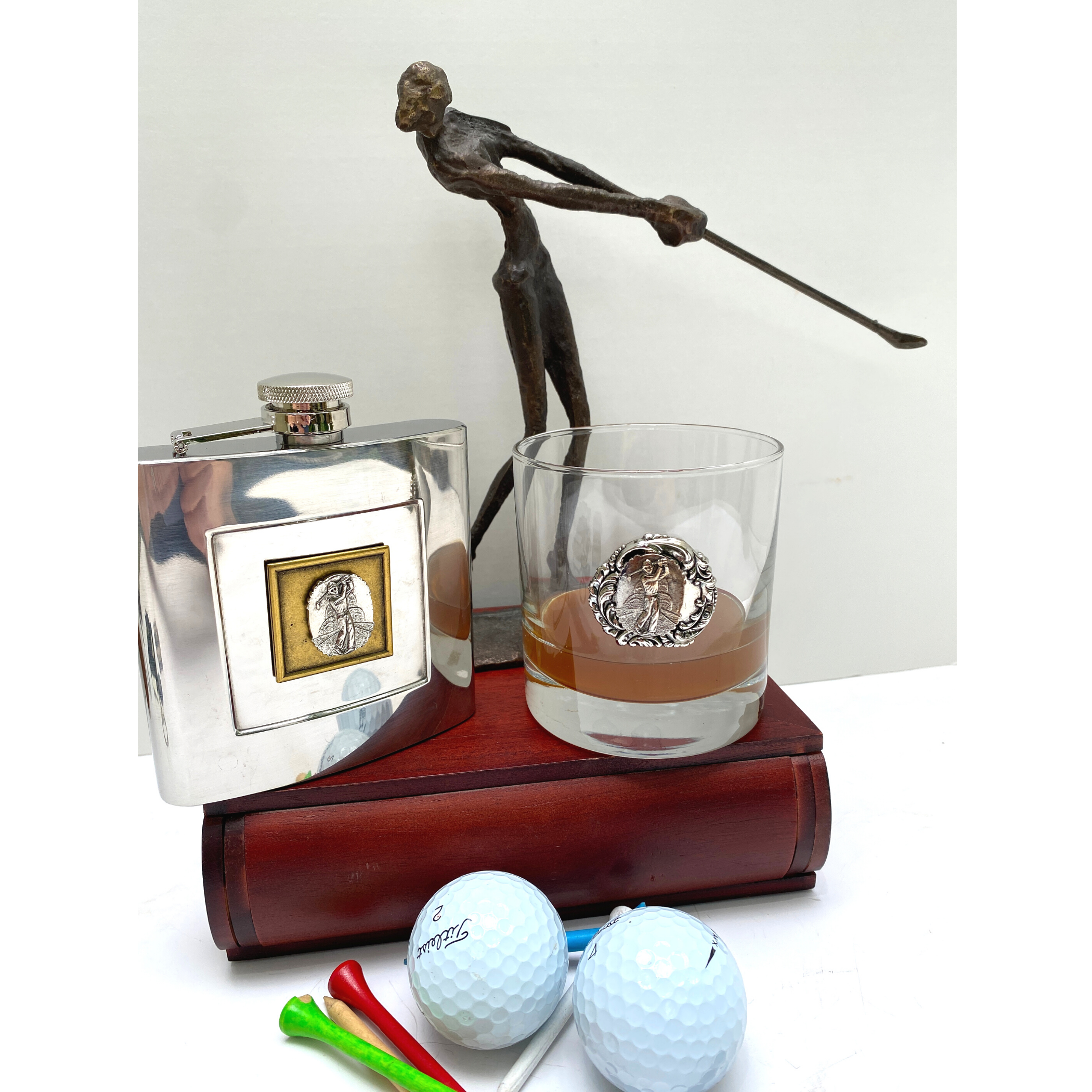 Silver Flask, Golf Theme, Vintage Medallion