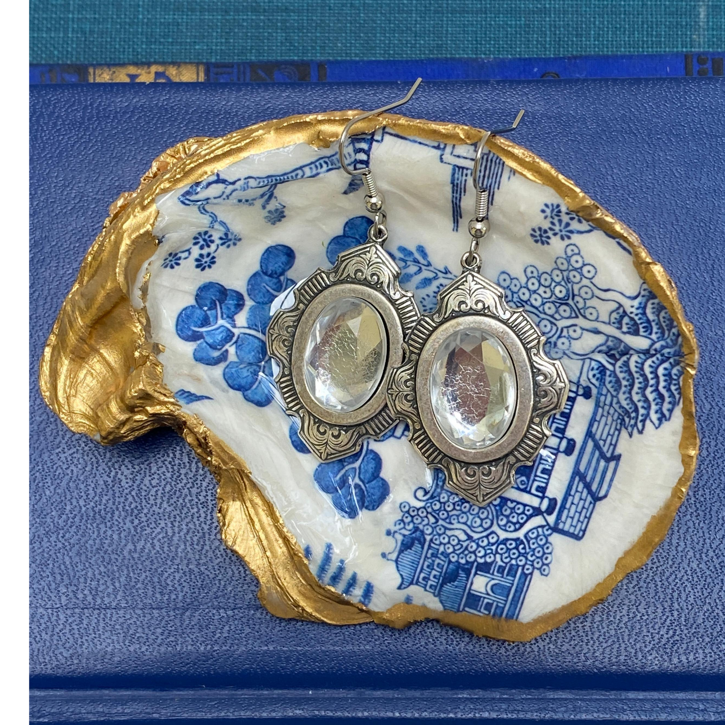 Earring, Vintage Antique Silver, Edwardian Clear Oval Cabochon, Diamond Shape Setting