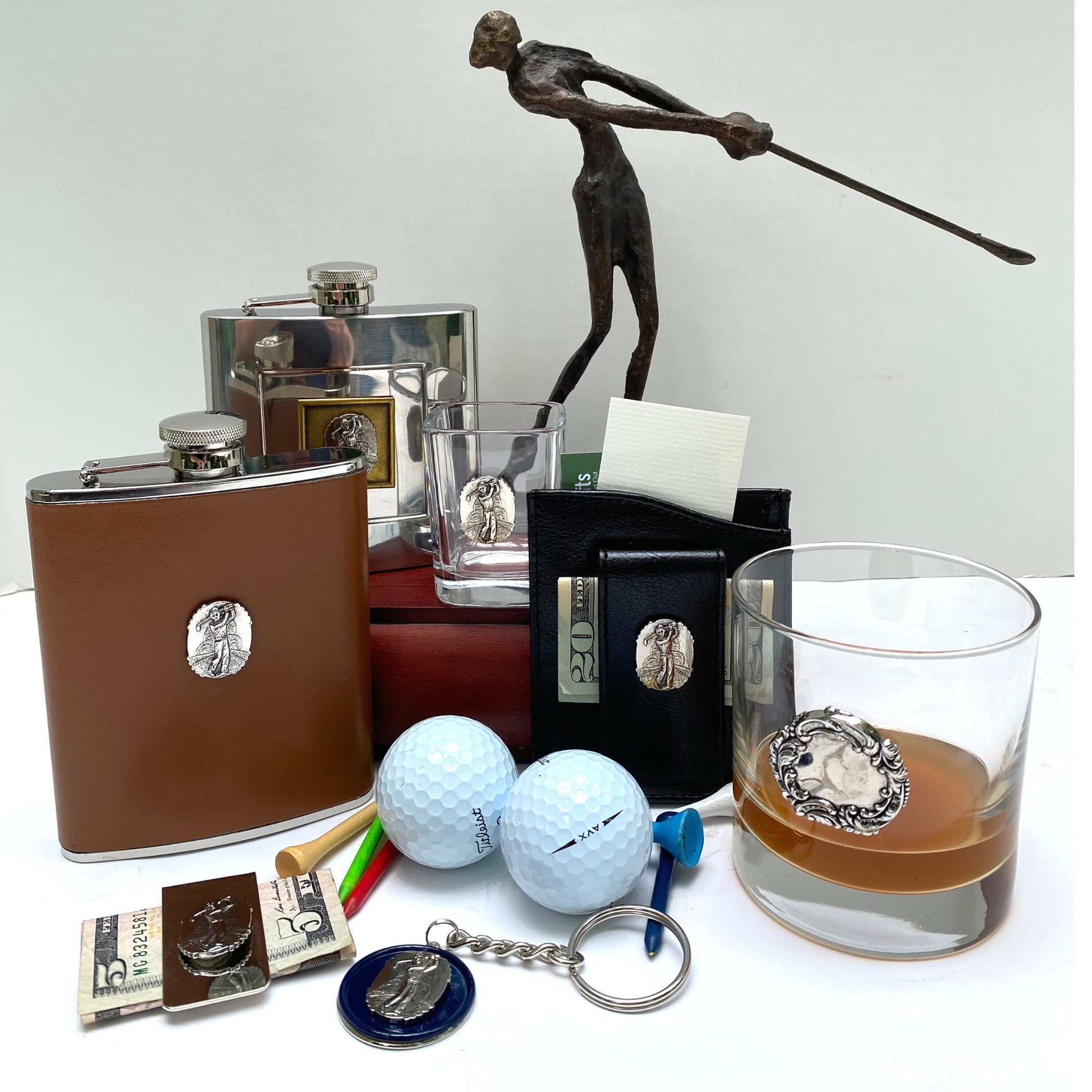 Silver Flask, Golf Theme, Vintage Medallion