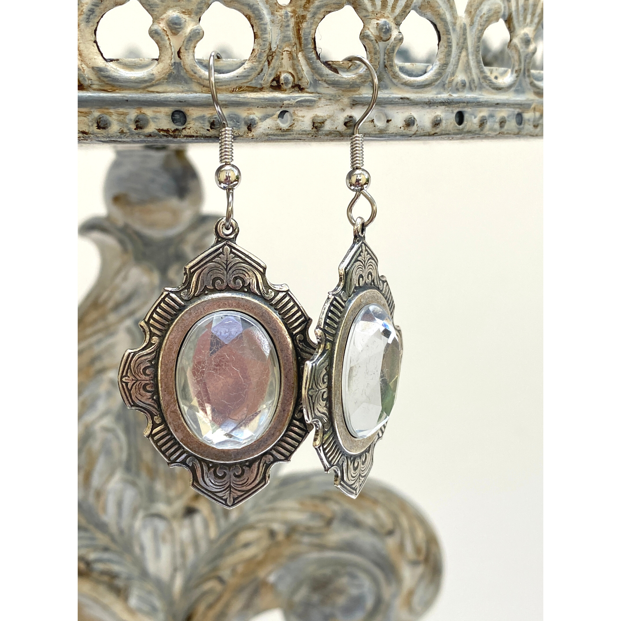 Earring, Vintage Antique Silver, Edwardian Clear Oval Cabochon, Diamond Shape Setting