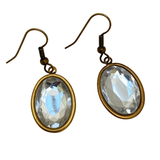 Earring, Antique Gold, Clear Crystal Cabochon, Handmade in USA