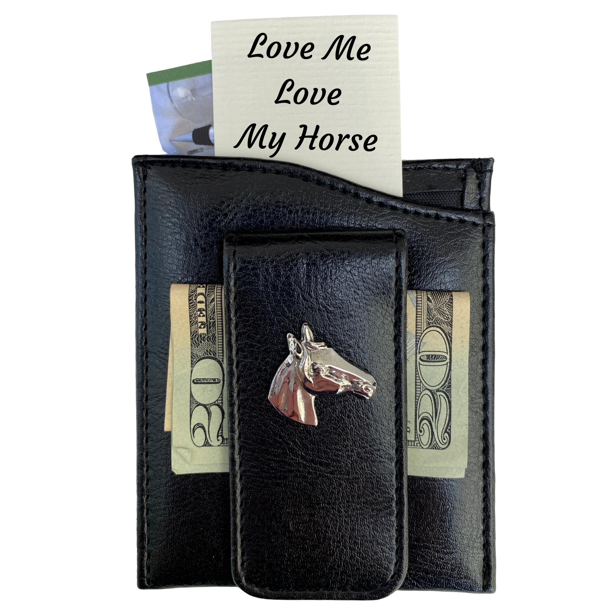 Money Clip, Black Faux Leather, Silver Horse, Gift for Horse Lover