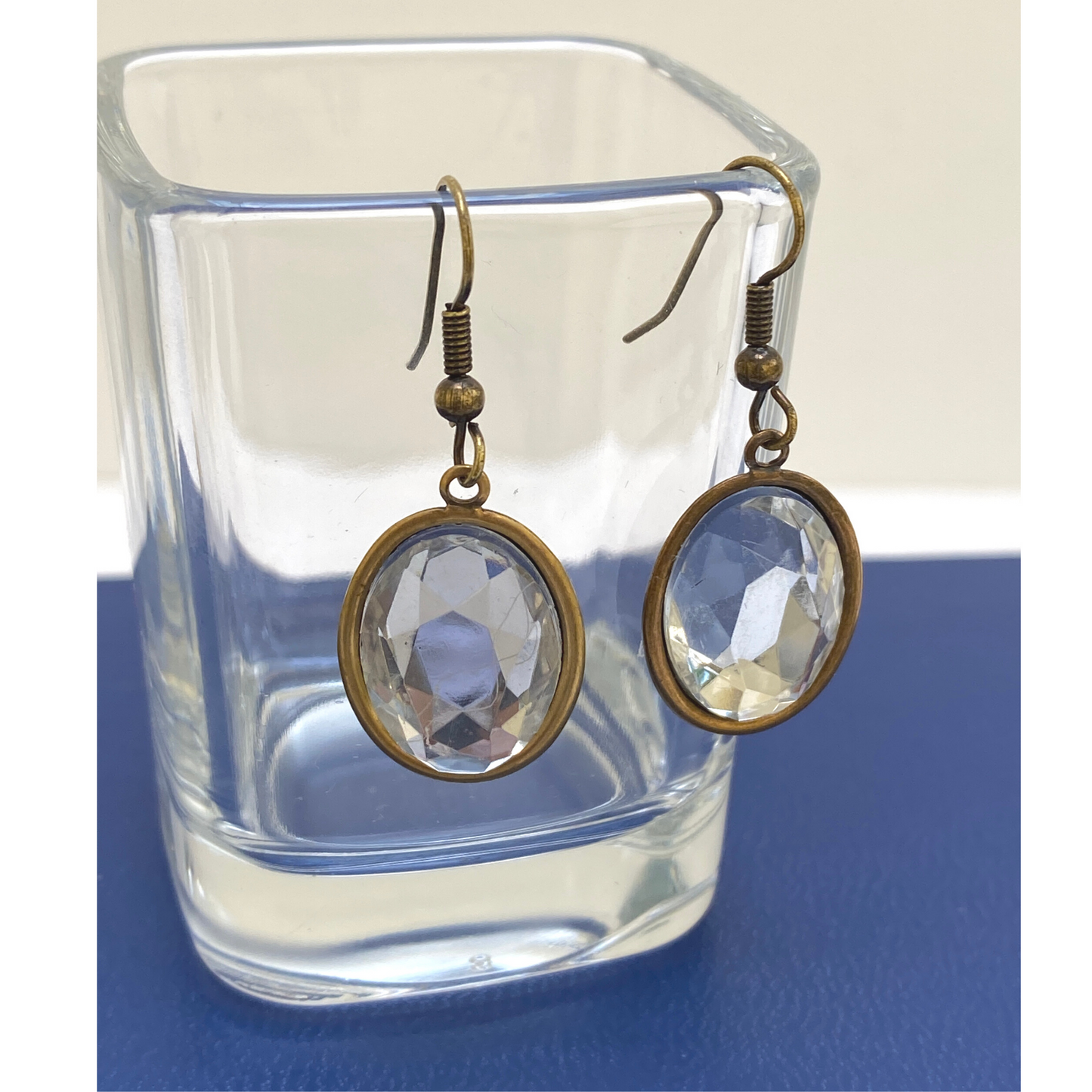Earring, Antique Gold, Clear Crystal Cabochon, Handmade in USA