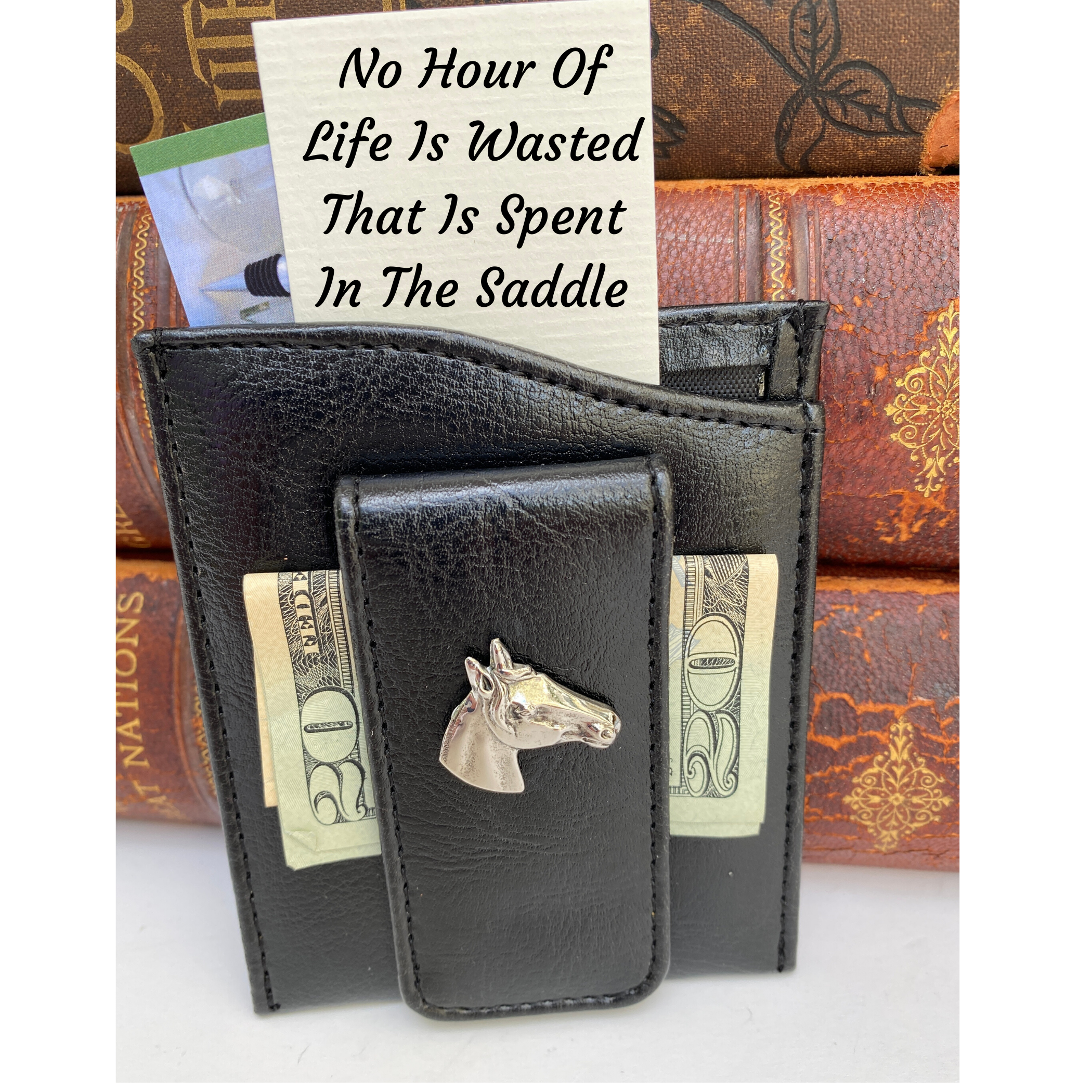 Money Clip, Black Faux Leather, Silver Horse, Gift for Horse Lover