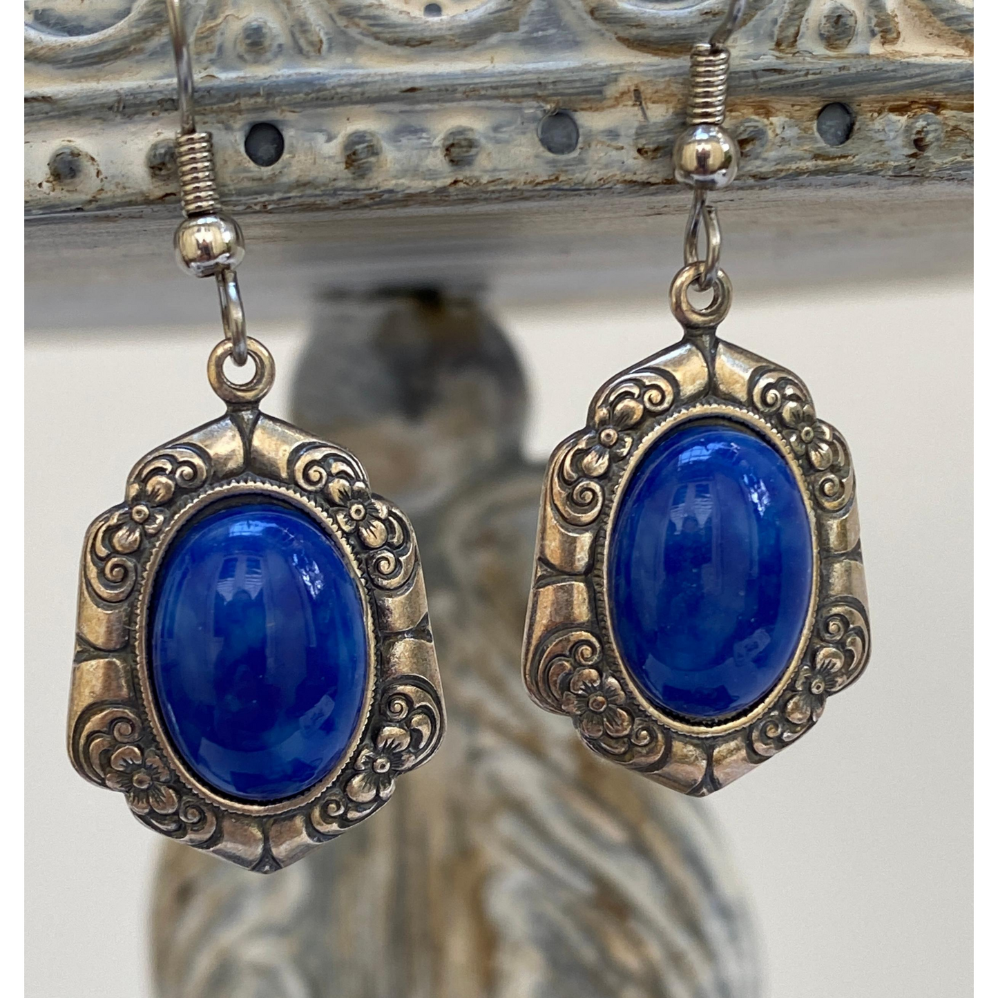 Earrings, Vintage Antique Silver Setting, Oval Faux Lapis Setting, Handmade in USA
