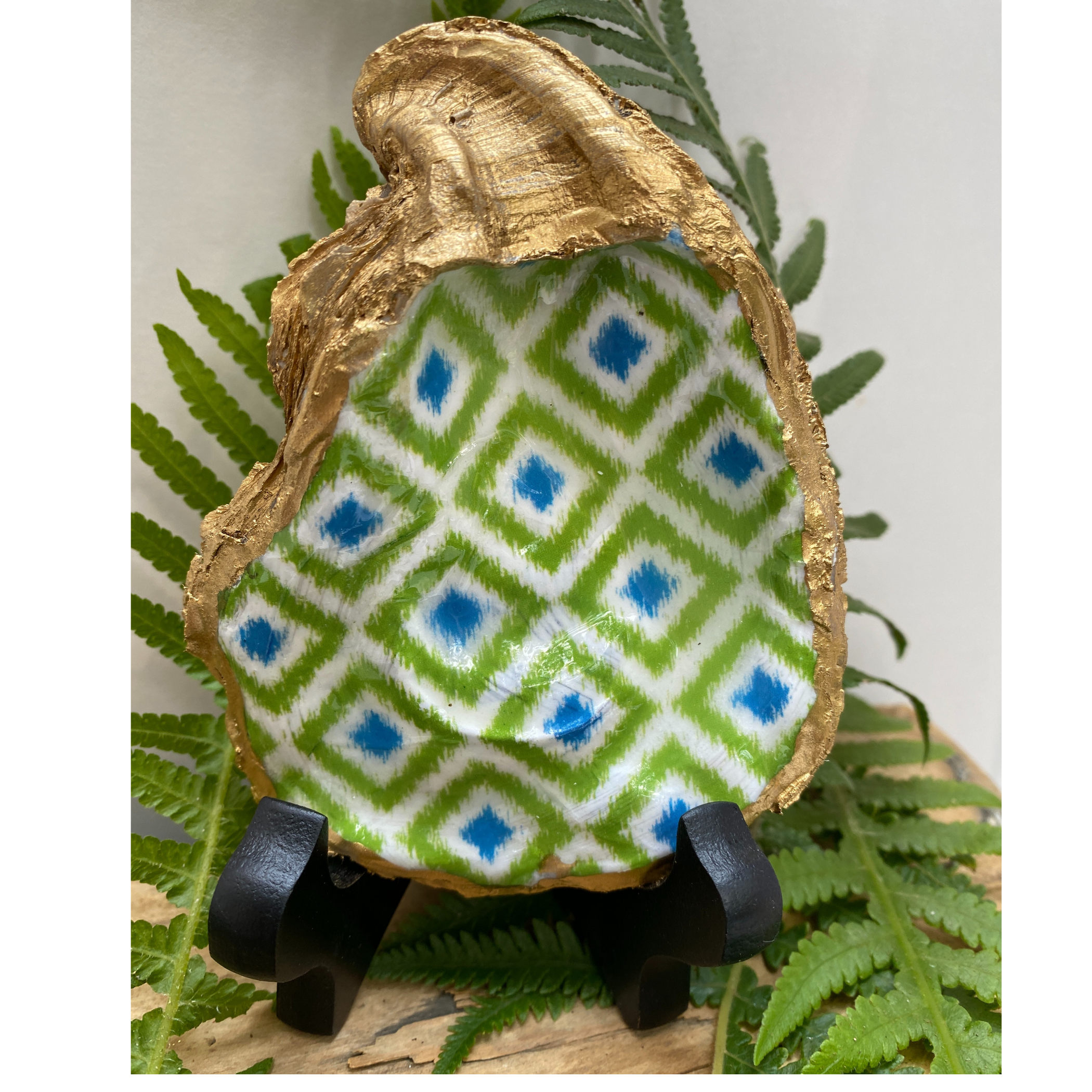 Oyster Shell Art, Green Ikat, Handmade