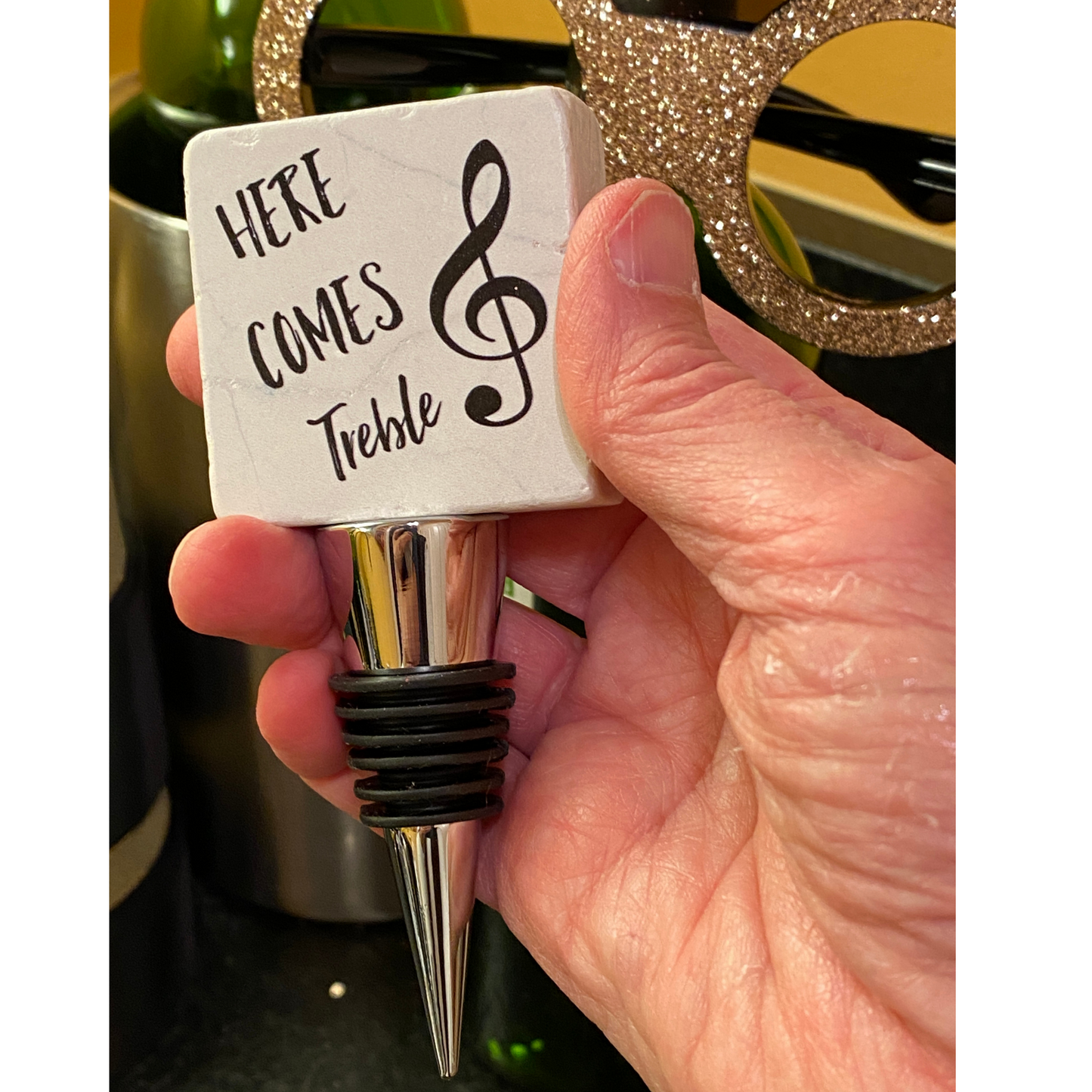 Bottle Stopper, Marble, Quote, Here Comes Treble, Musician Gift