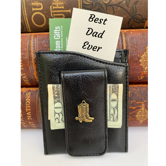 Money Clip, Cowboy Boots,  Black Faux Leather, Gift for Him