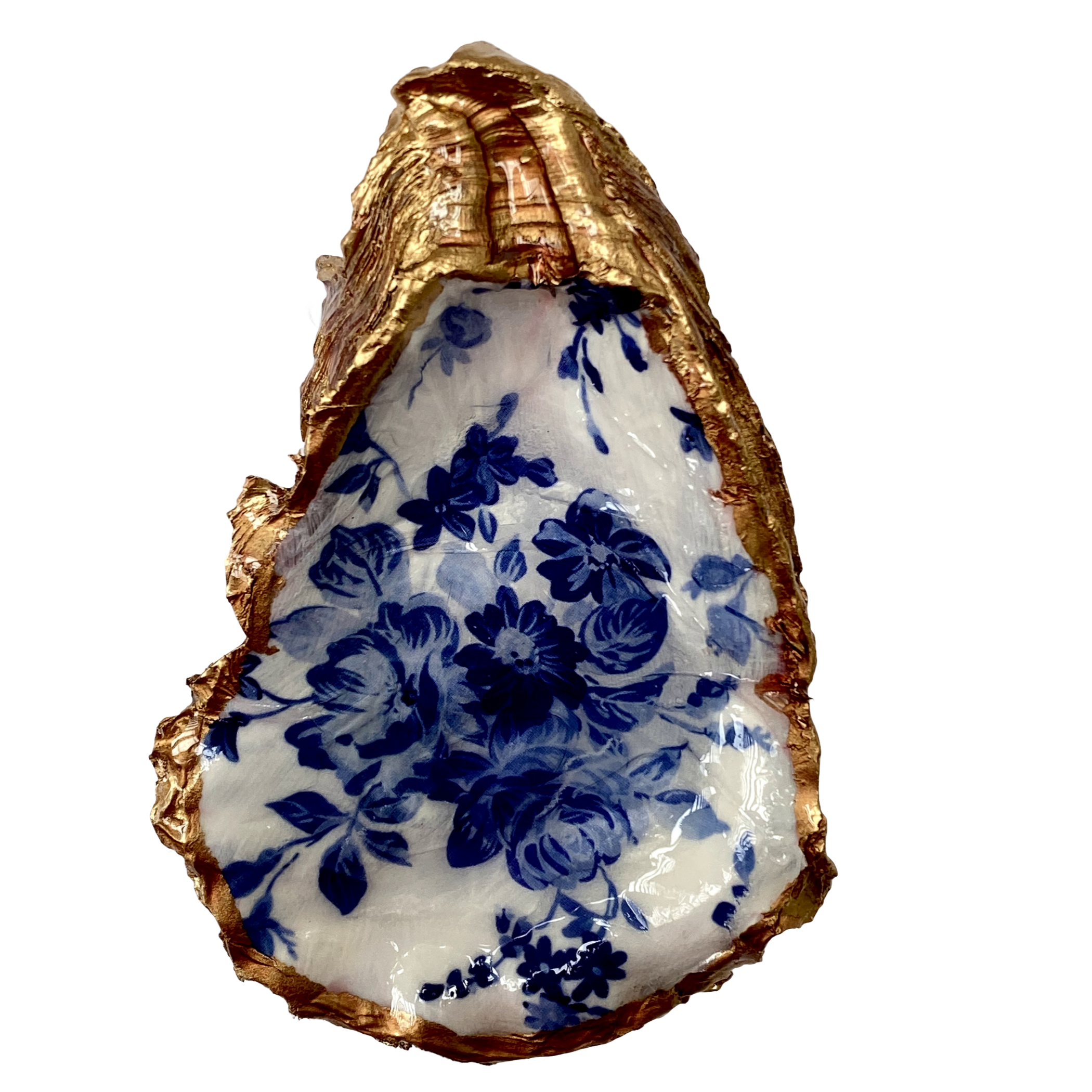 oyster shell art with blue and white flowers