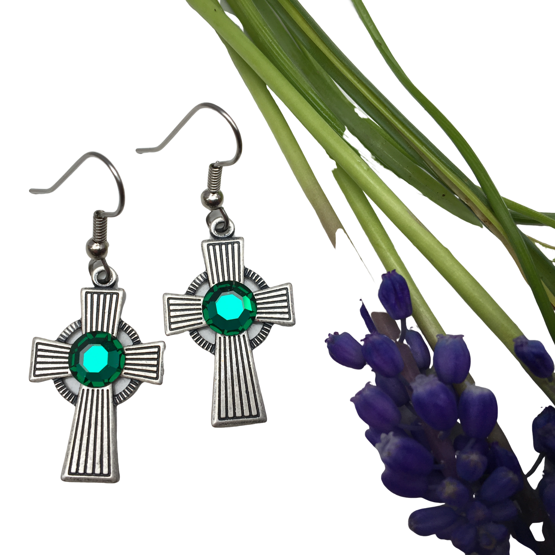 Earrings, Irish Celtic Cross,  Stripe Pattern, Silver Plate, Emerald Crystal, Handmade in USA