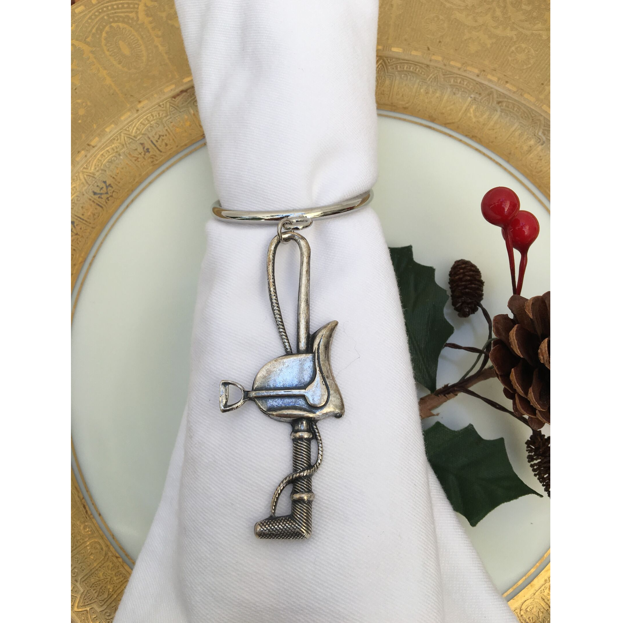 Napkin Rings Equestrian Silver Saddle and Crop