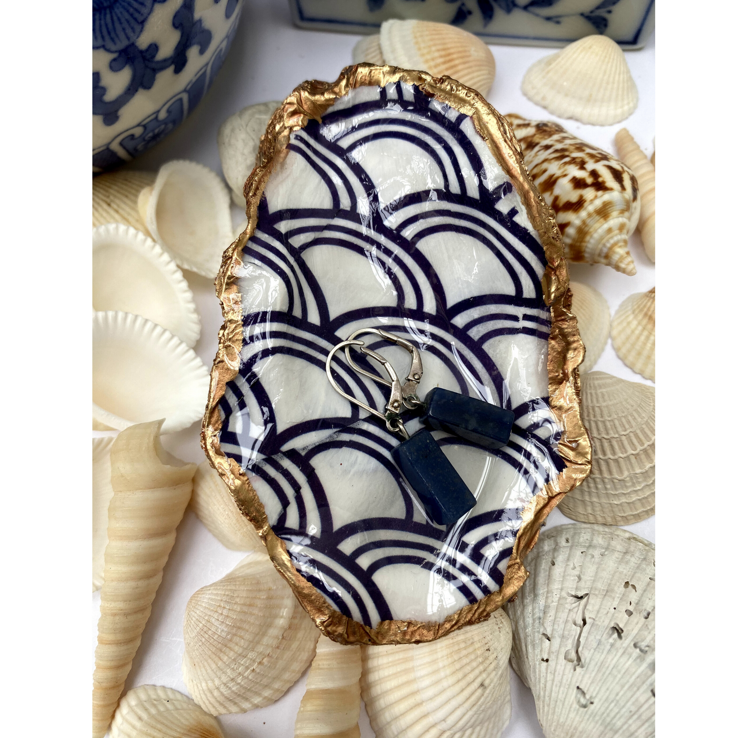 Oyster Shell Art, Jewelry Dish,  Blue White Seigaiha Design