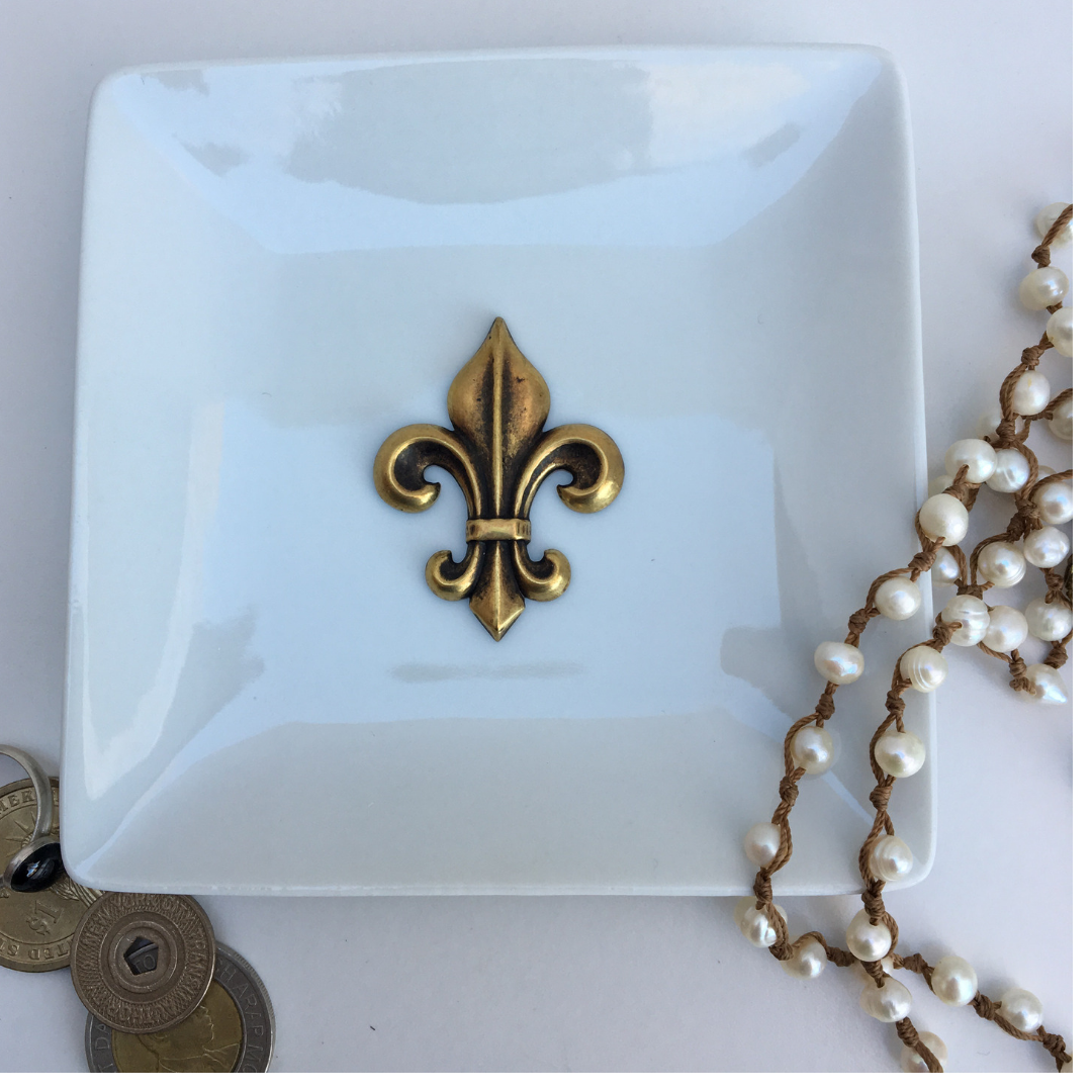 Trinket Tray, Porcelain Dish,  Fleur de Lis Antique Gold